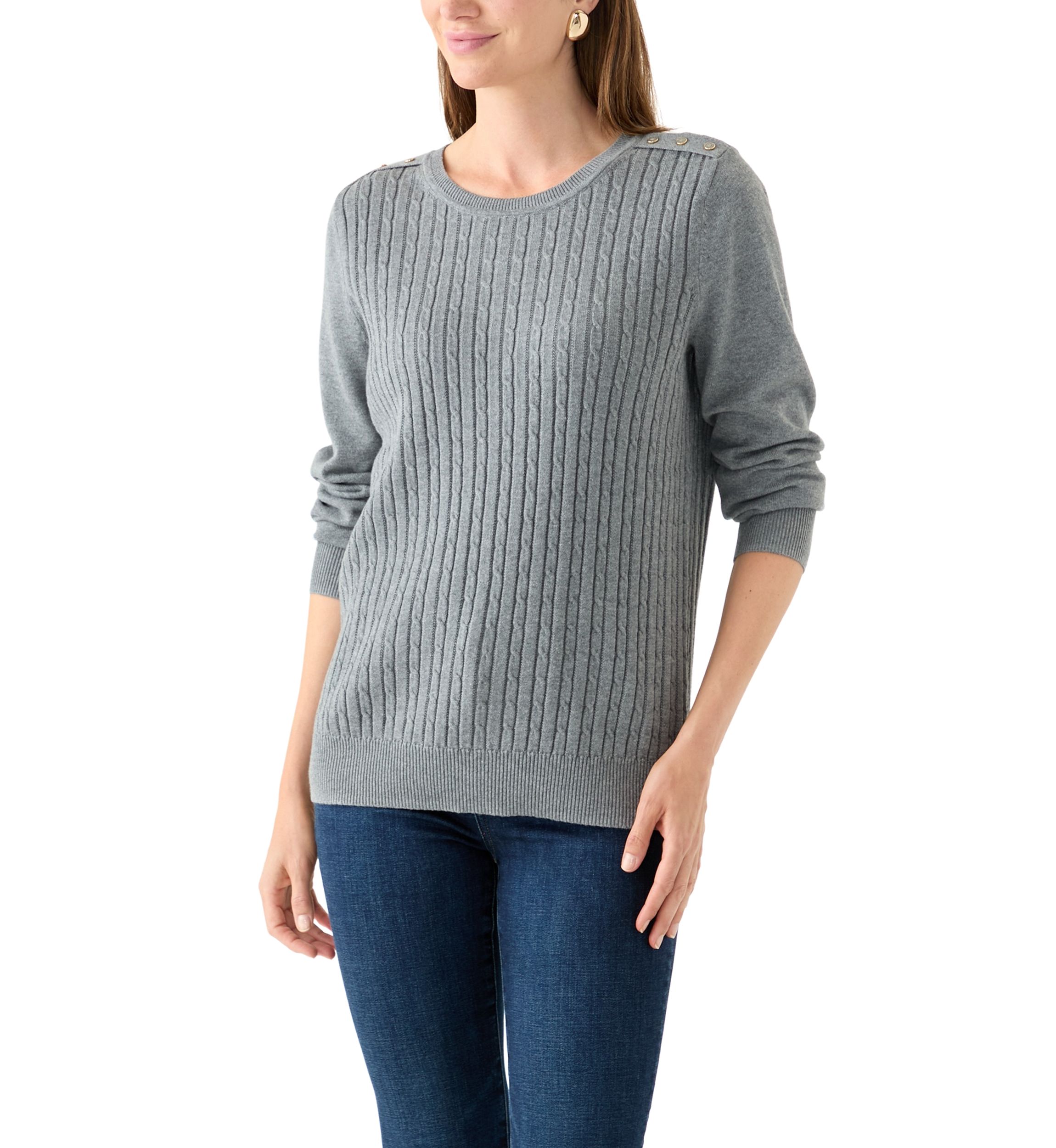Womens Long Sleeve Cable Crew Neck Button Trim Sweater