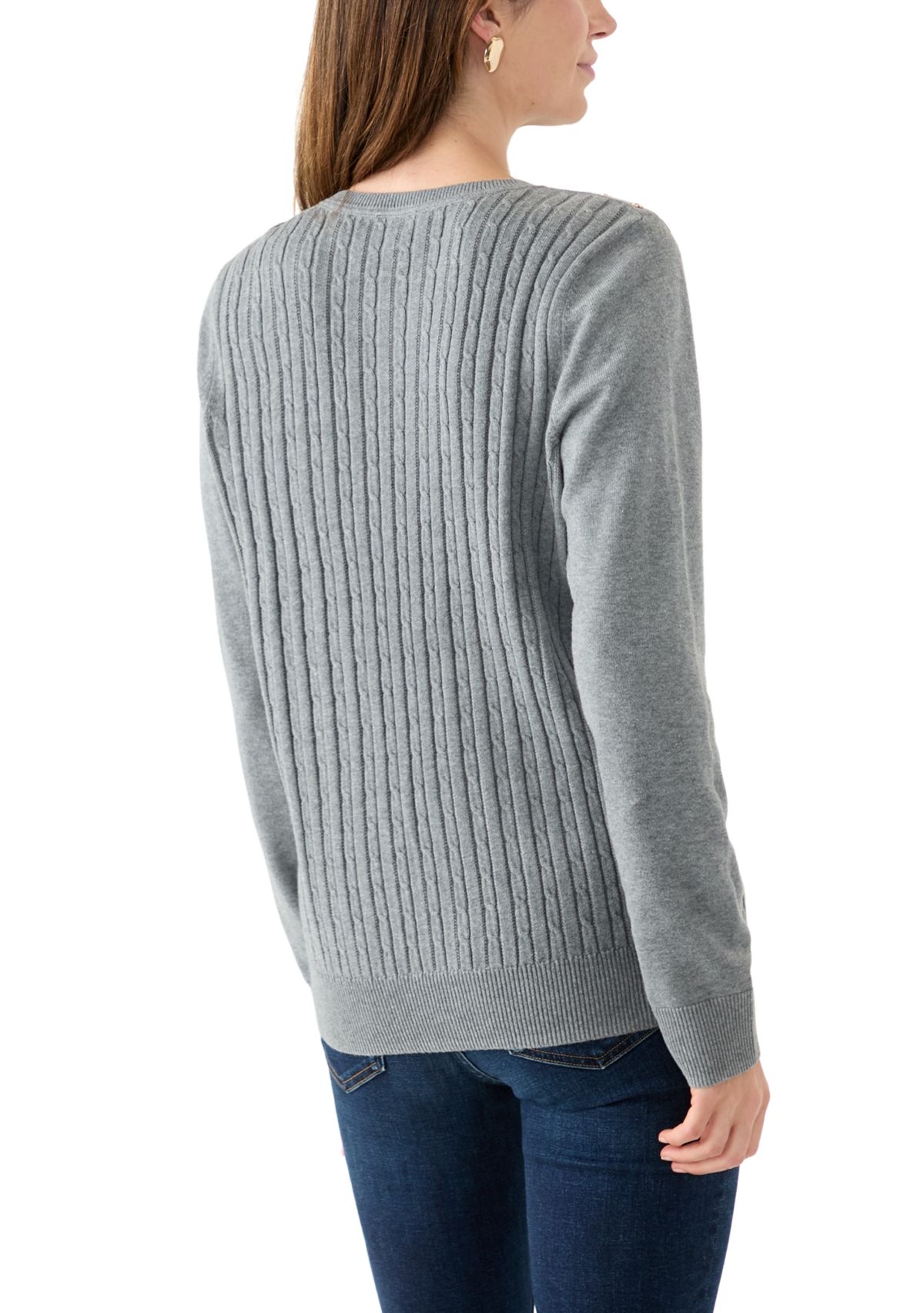 Womens Long Sleeve Cable Crew Neck Button Trim Sweater