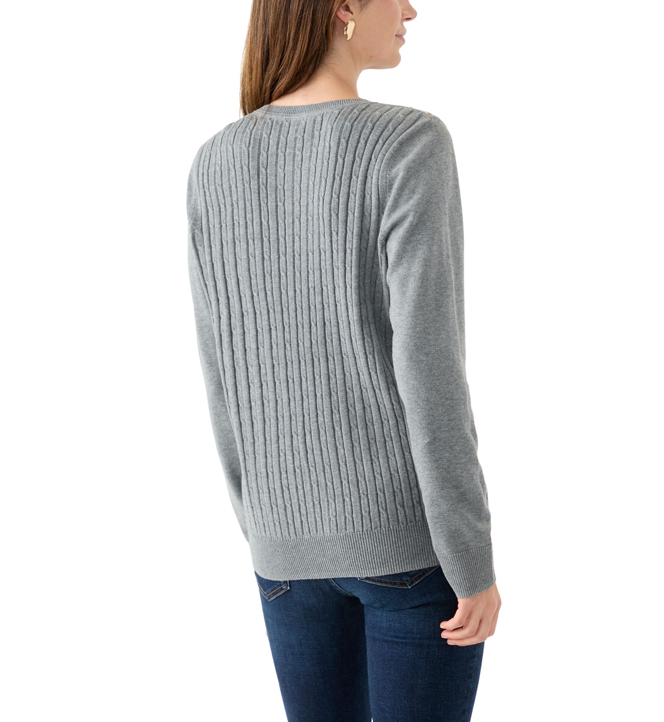 Womens Long Sleeve Cable Crew Neck Button Trim Sweater
