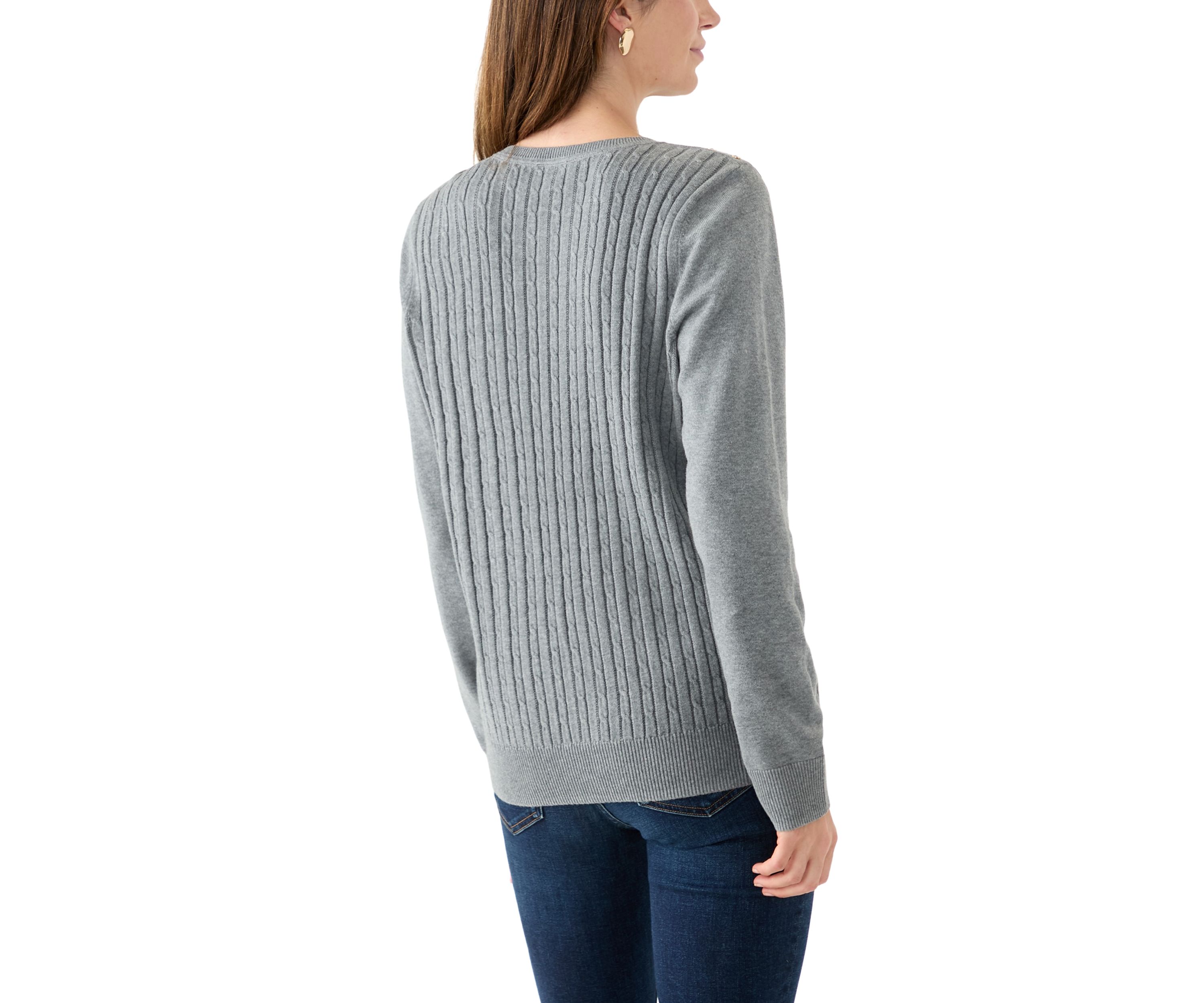 Womens Long Sleeve Cable Crew Neck Button Trim Sweater