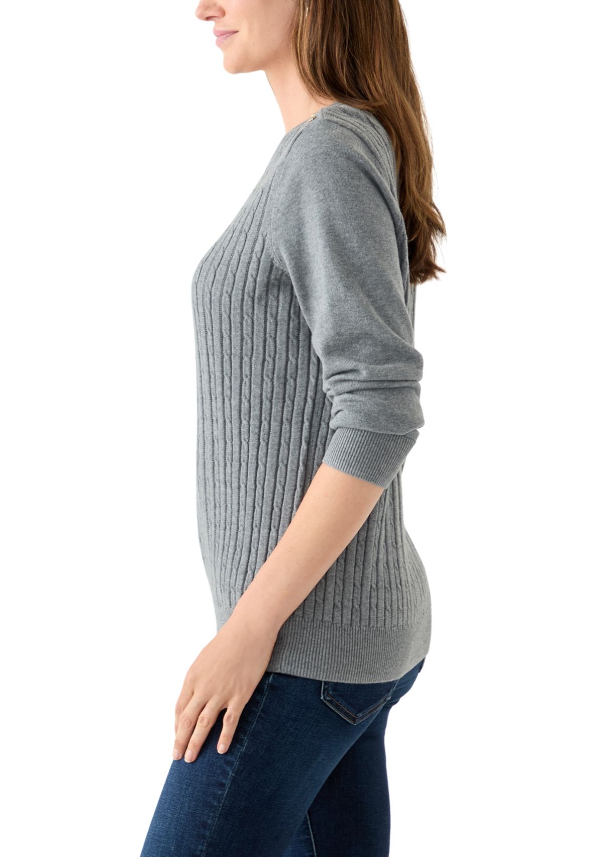 Womens Long Sleeve Cable Crew Neck Button Trim Sweater