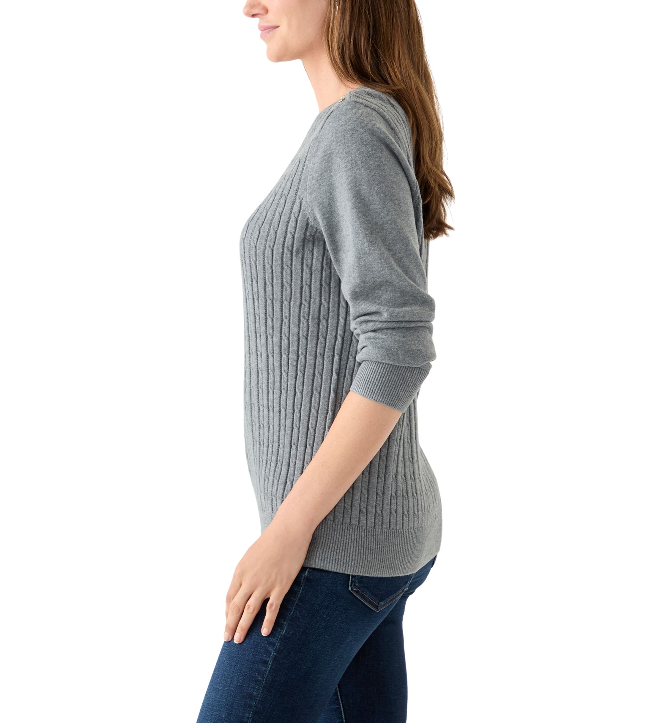 Womens Long Sleeve Cable Crew Neck Button Trim Sweater