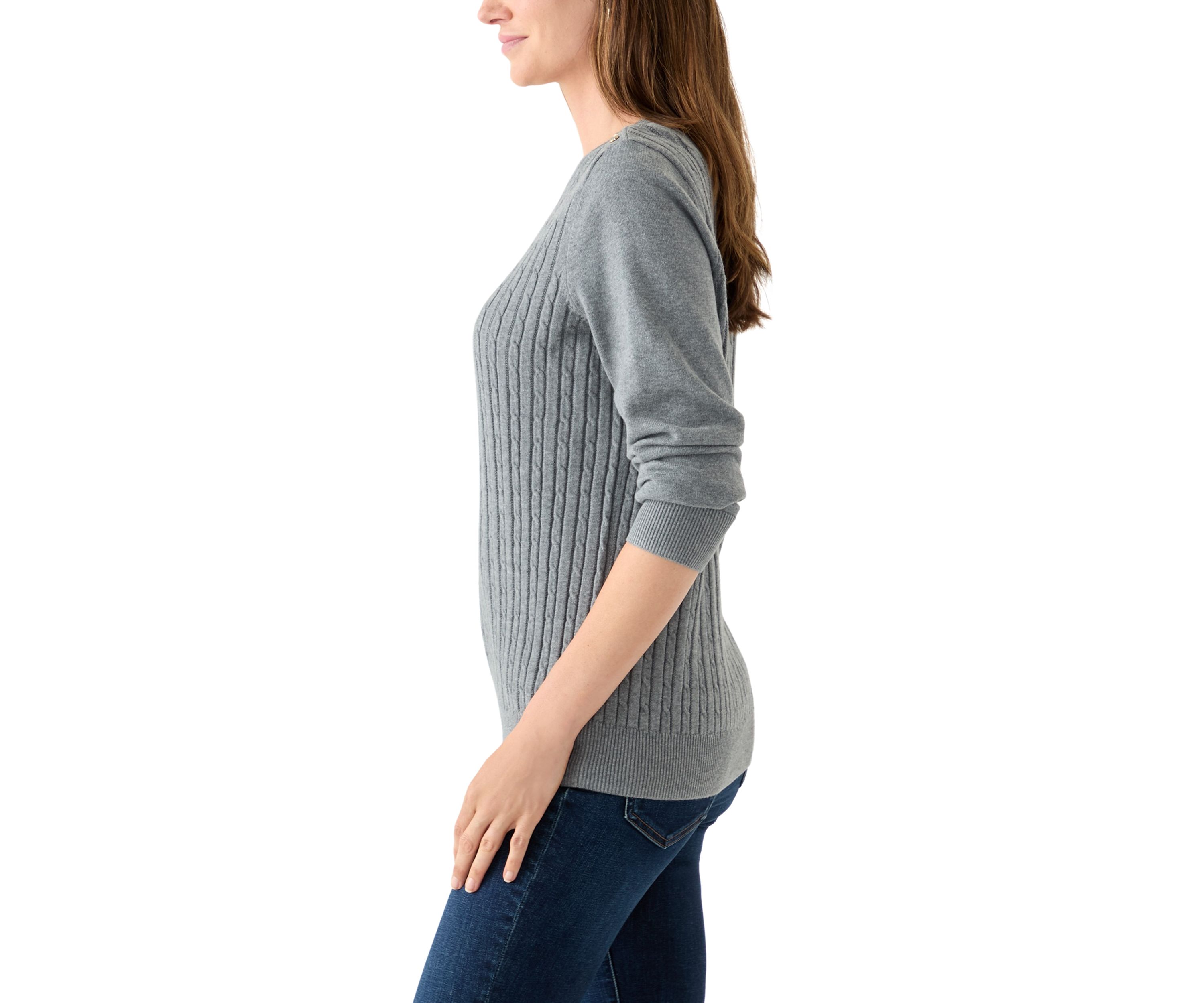 Womens Long Sleeve Cable Crew Neck Button Trim Sweater