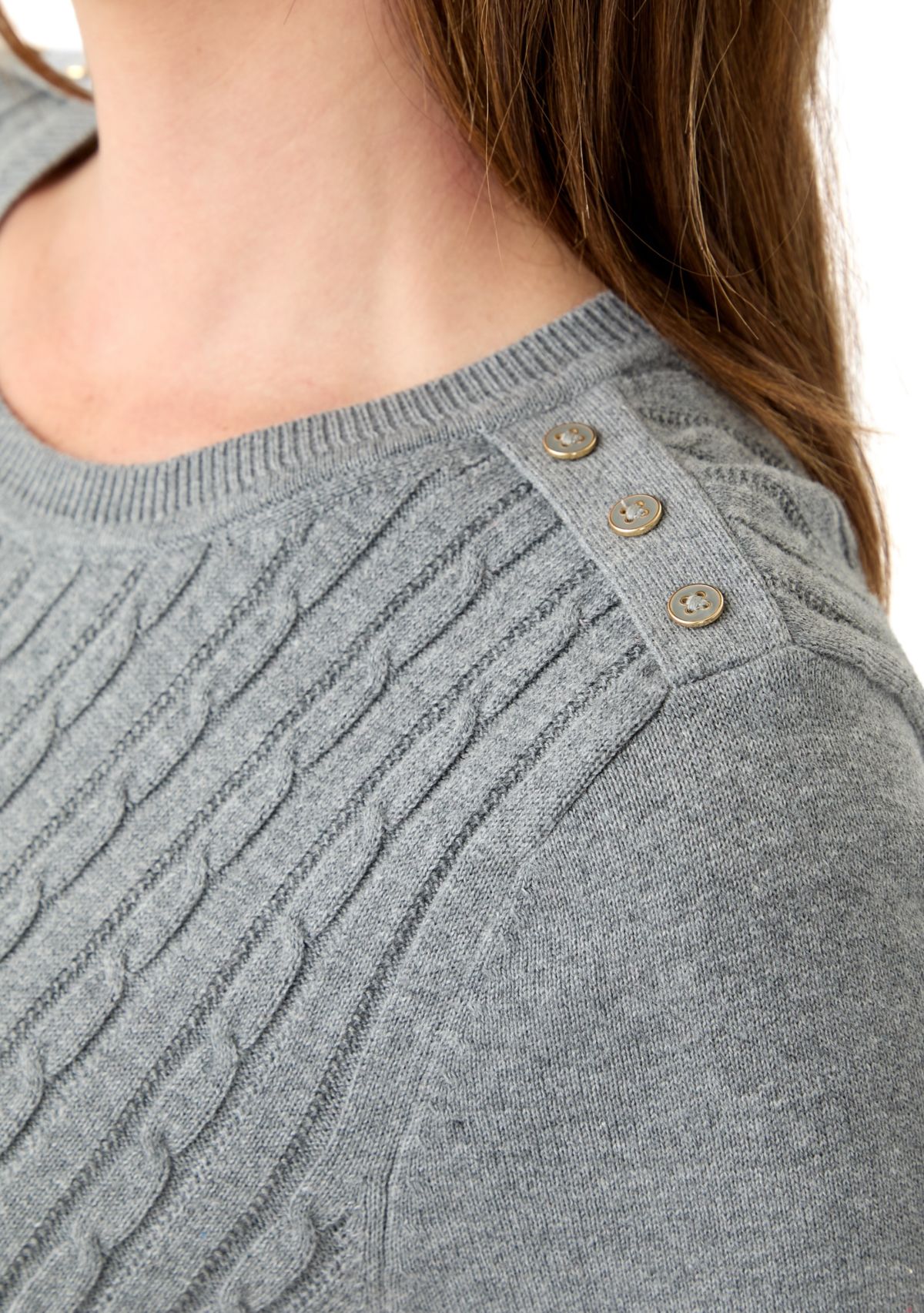 Womens Long Sleeve Cable Crew Neck Button Trim Sweater