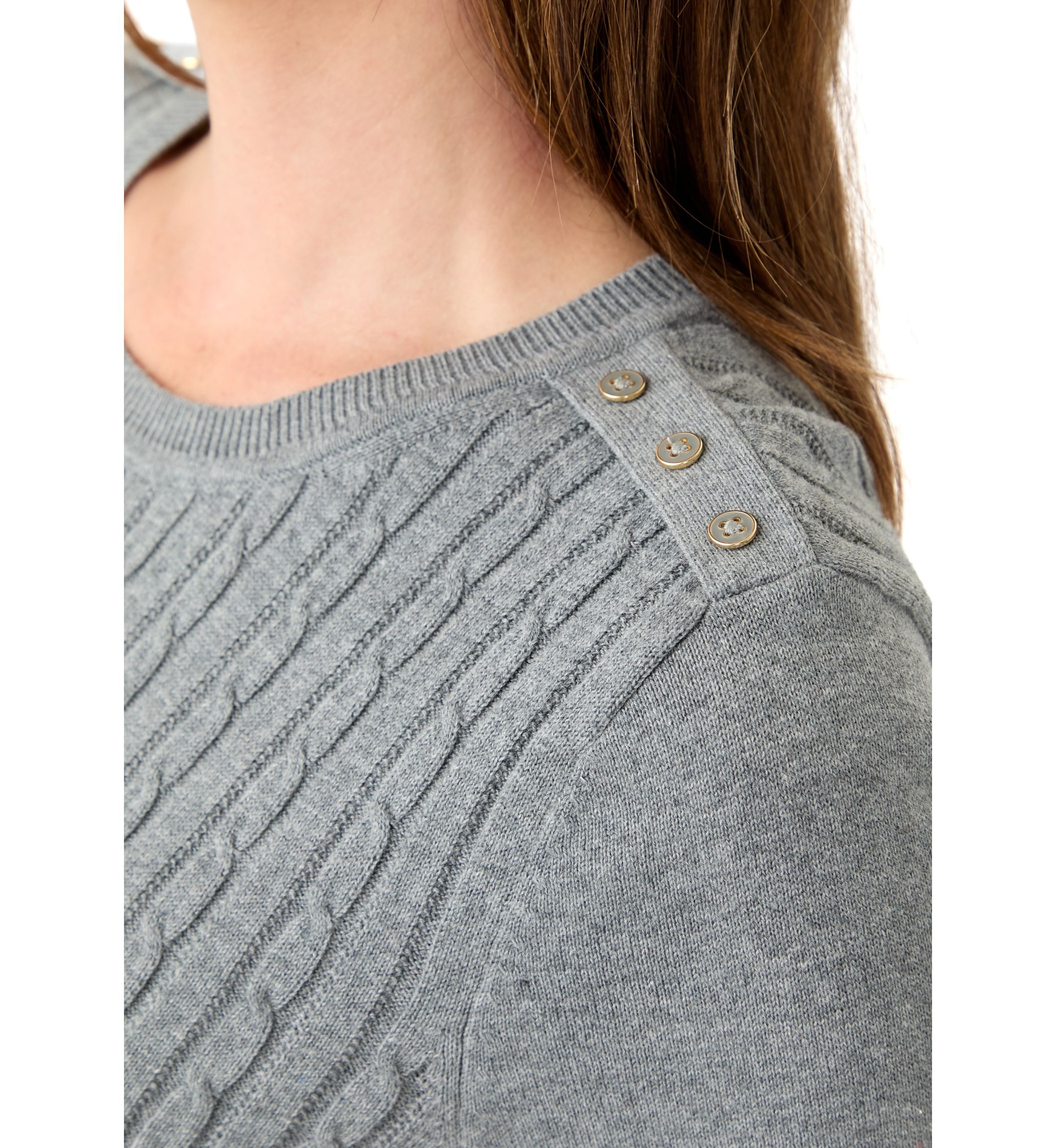 Womens Long Sleeve Cable Crew Neck Button Trim Sweater