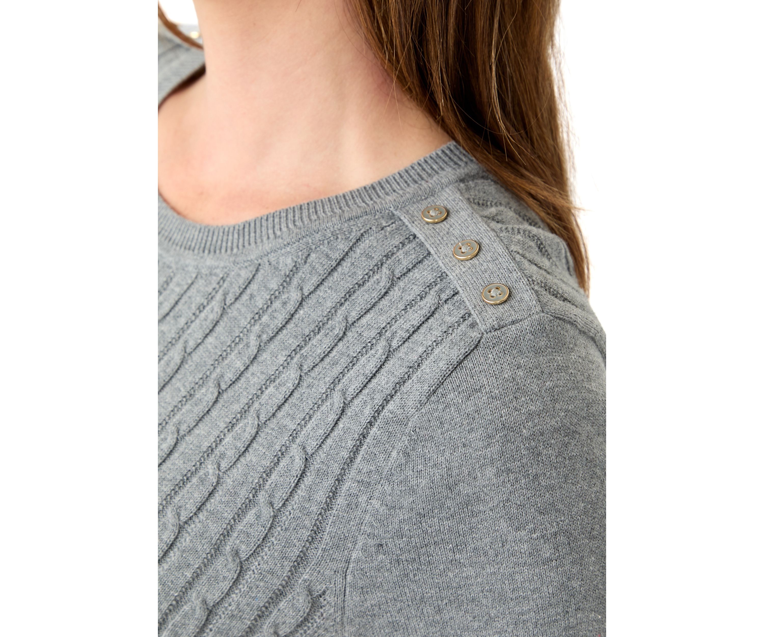 Womens Long Sleeve Cable Crew Neck Button Trim Sweater