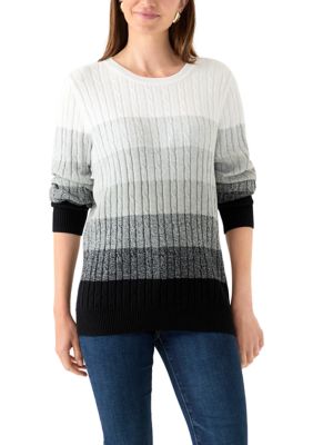 Kim Rogers Women's Long Sleeve Cable Crew Neck Color Block Sweater, Black, XXL