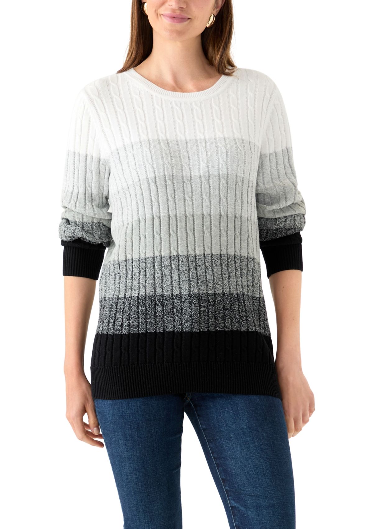 Womens Long Sleeve Cable Crew Neck Color Block Sweater