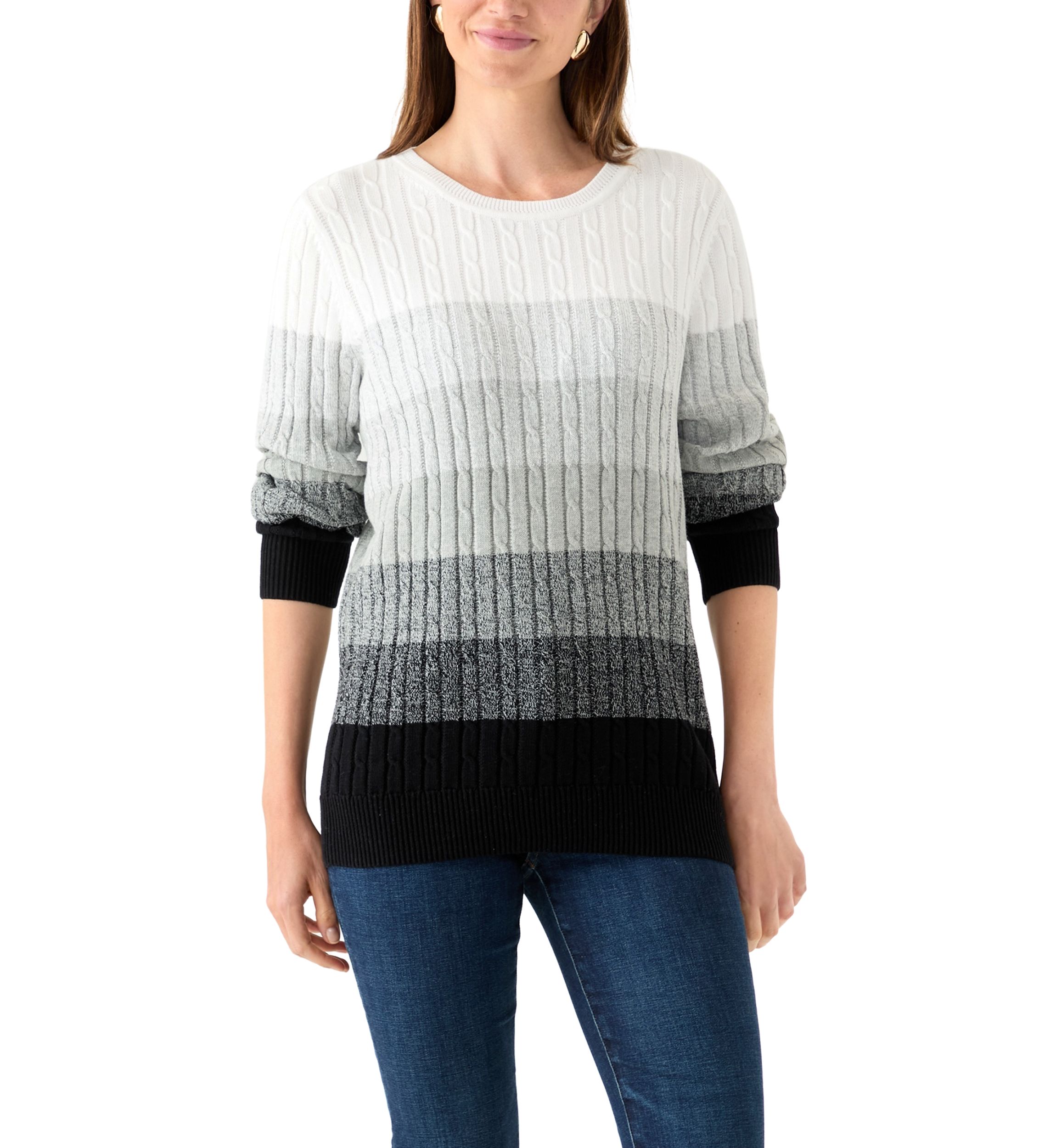 Womens Long Sleeve Cable Crew Neck Color Block Sweater