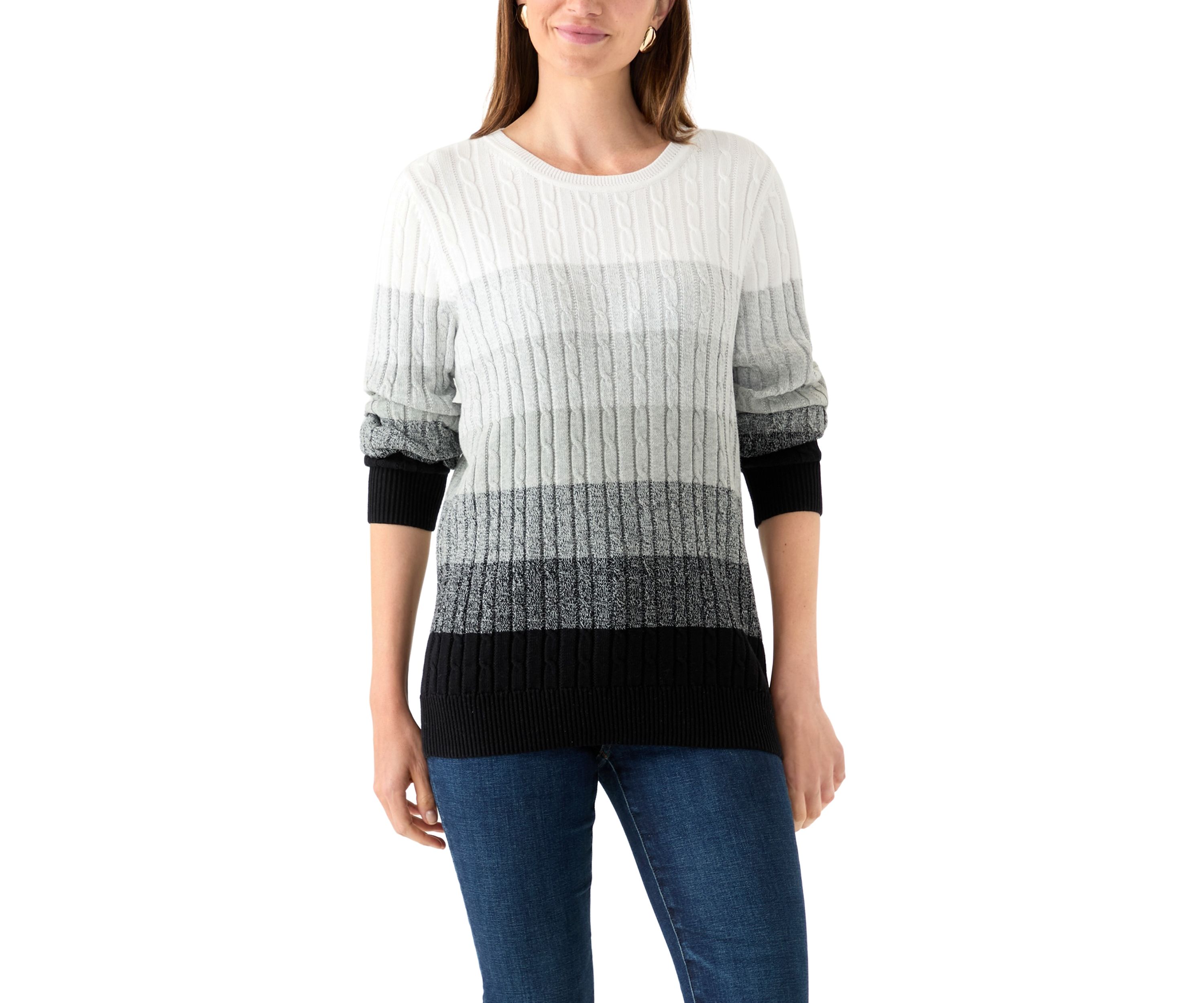 Womens Long Sleeve Cable Crew Neck Color Block Sweater