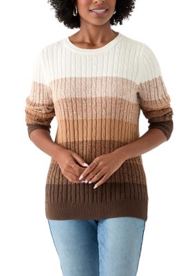 Kim Rogers Women's Long Sleeve Cable Crew Neck Color Block Sweater, Tan, XXL