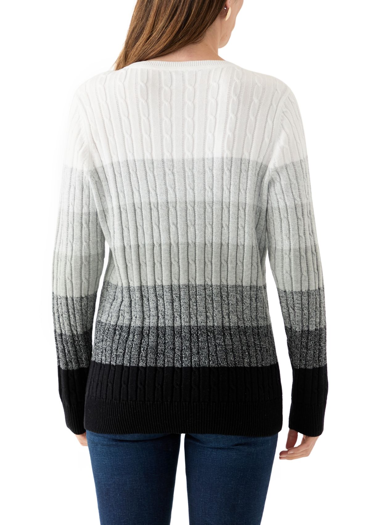 Womens Long Sleeve Cable Crew Neck Color Block Sweater