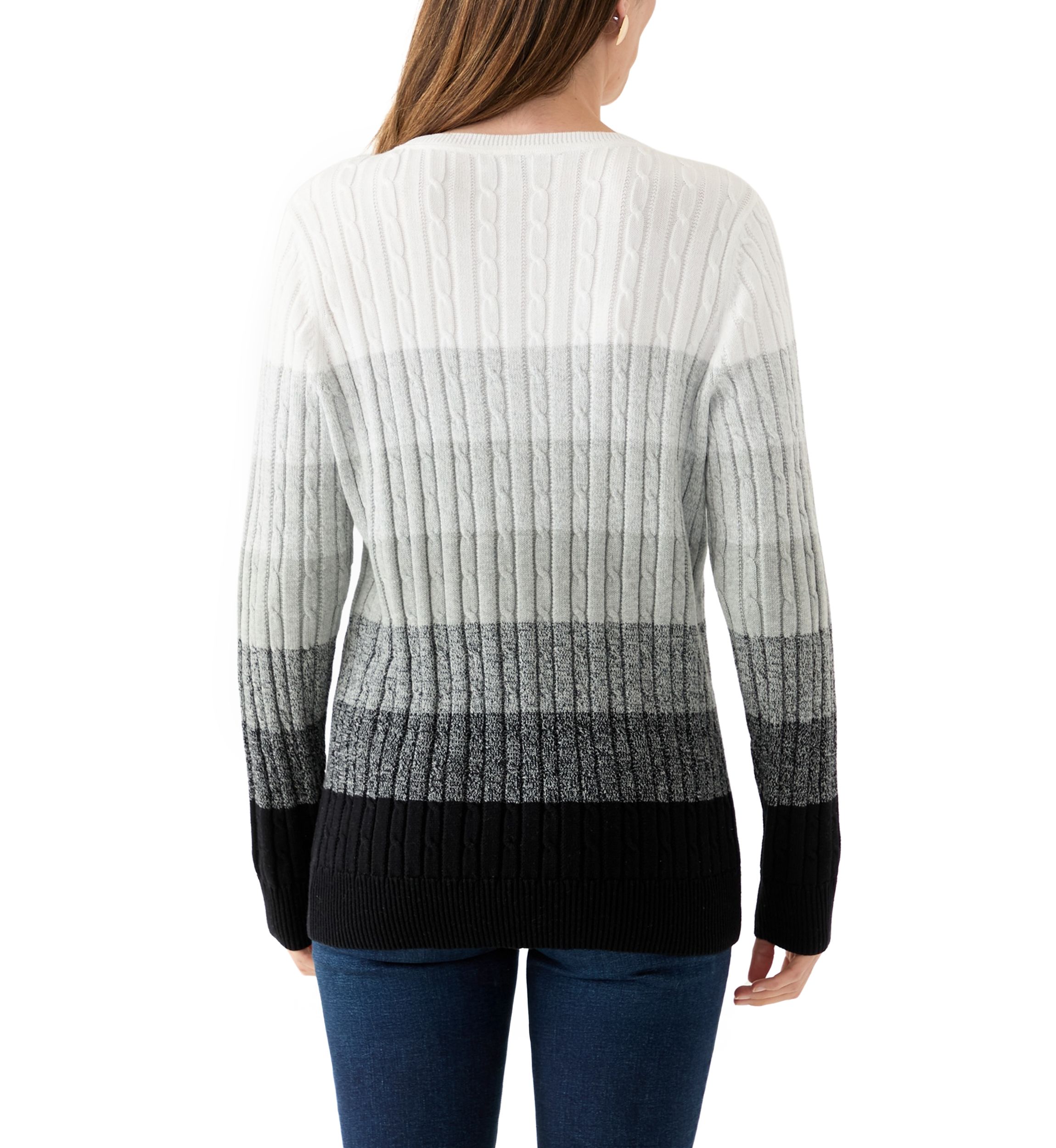 Womens Long Sleeve Cable Crew Neck Color Block Sweater