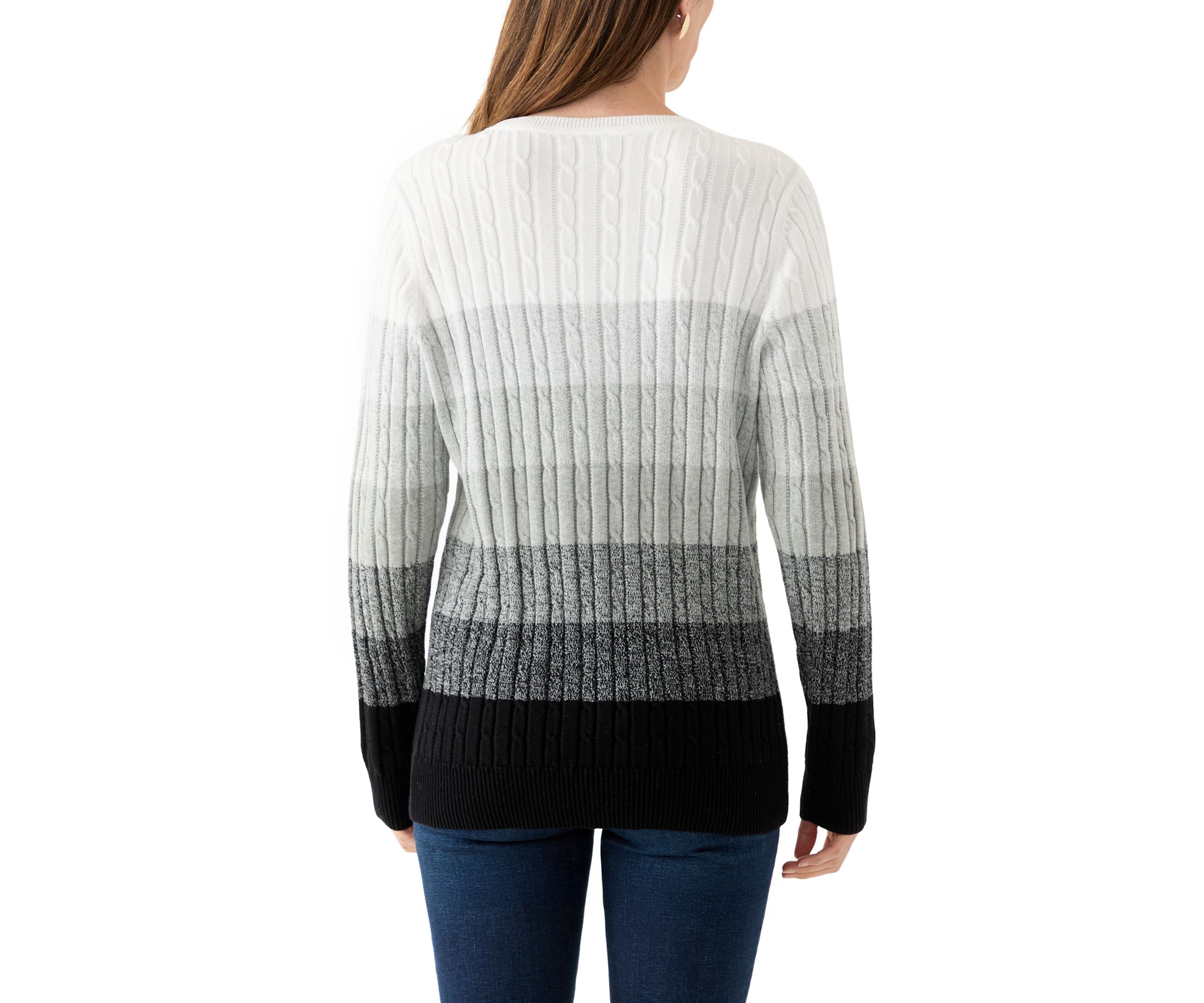 Womens Long Sleeve Cable Crew Neck Color Block Sweater