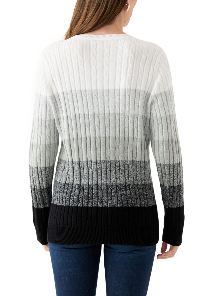 Womens Long Sleeve Cable Crew Neck Color Block Sweater