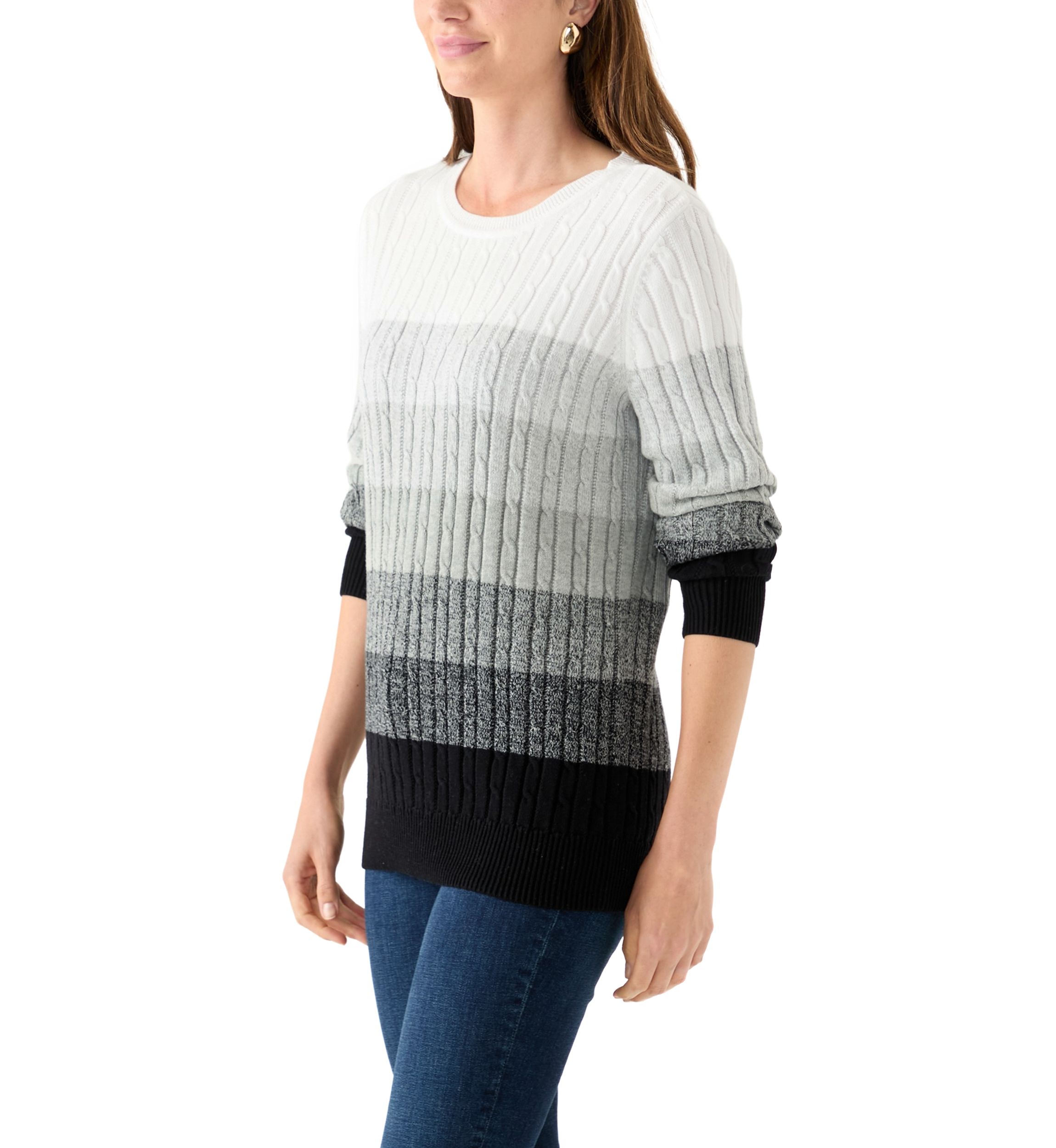 Womens Long Sleeve Cable Crew Neck Color Block Sweater