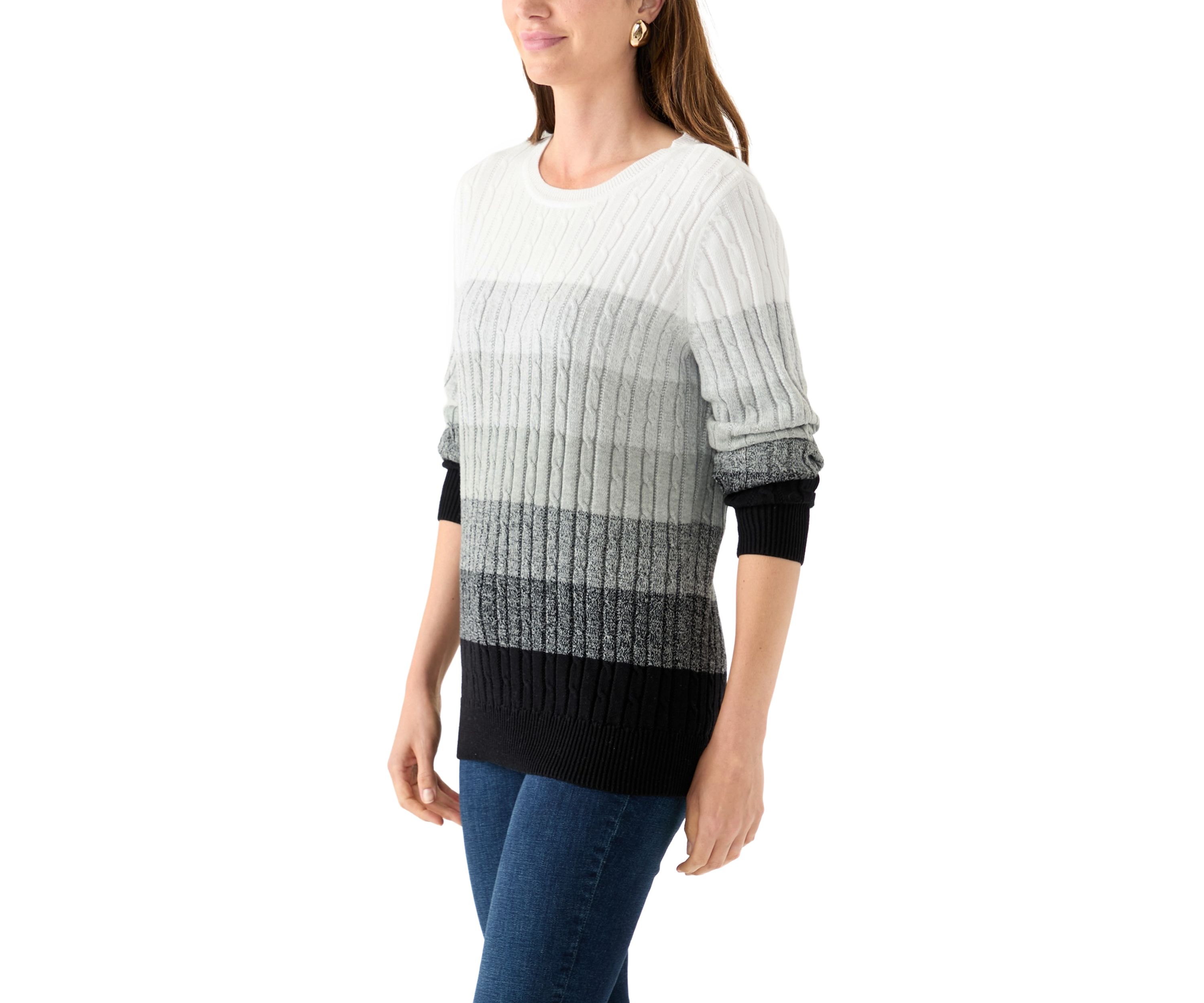 Womens Long Sleeve Cable Crew Neck Color Block Sweater