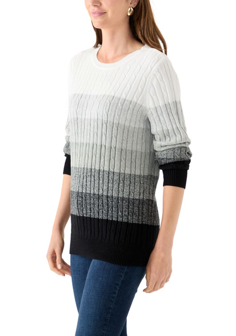 Womens Long Sleeve Cable Crew Neck Color Block Sweater