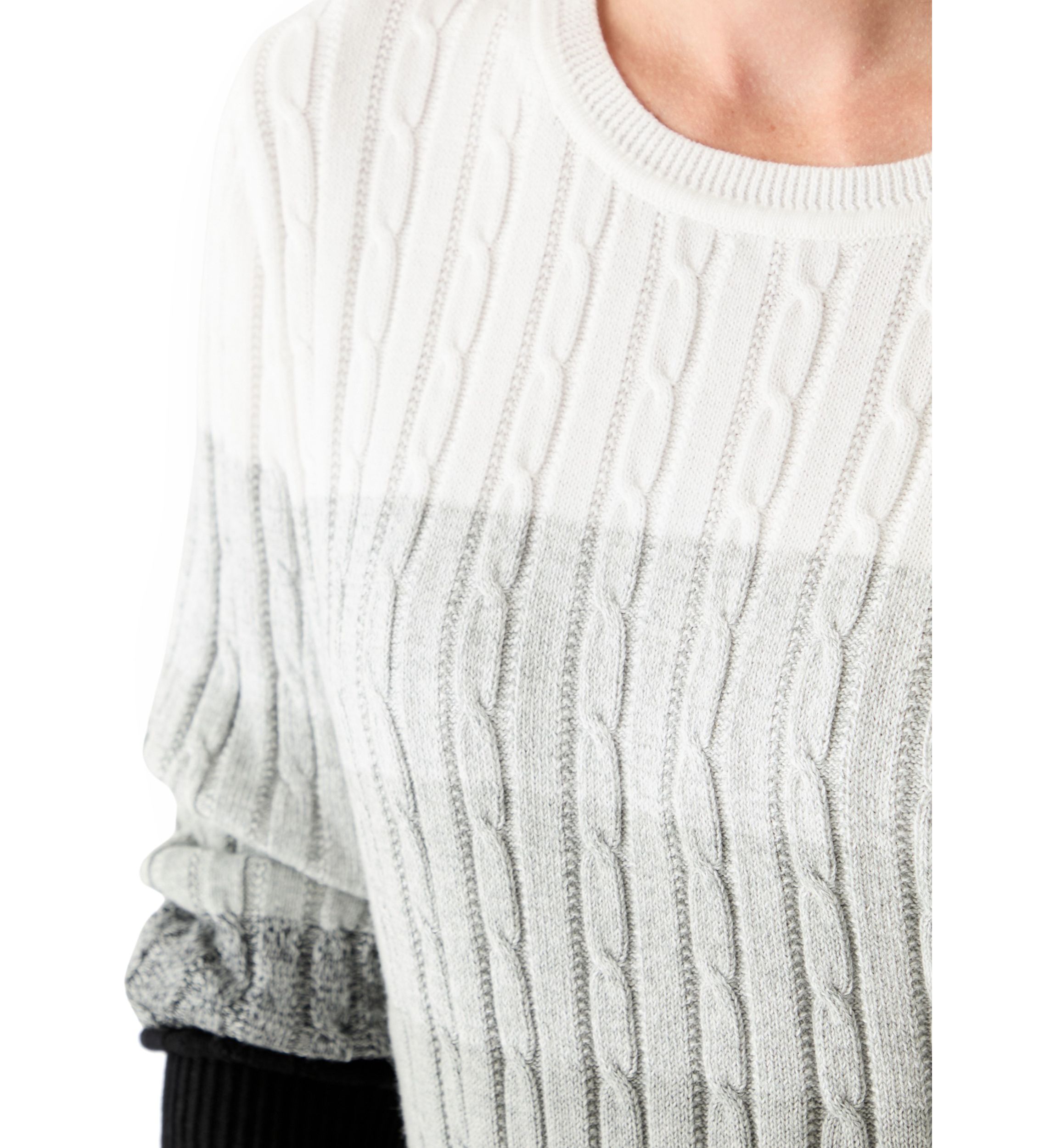 Womens Long Sleeve Cable Crew Neck Color Block Sweater