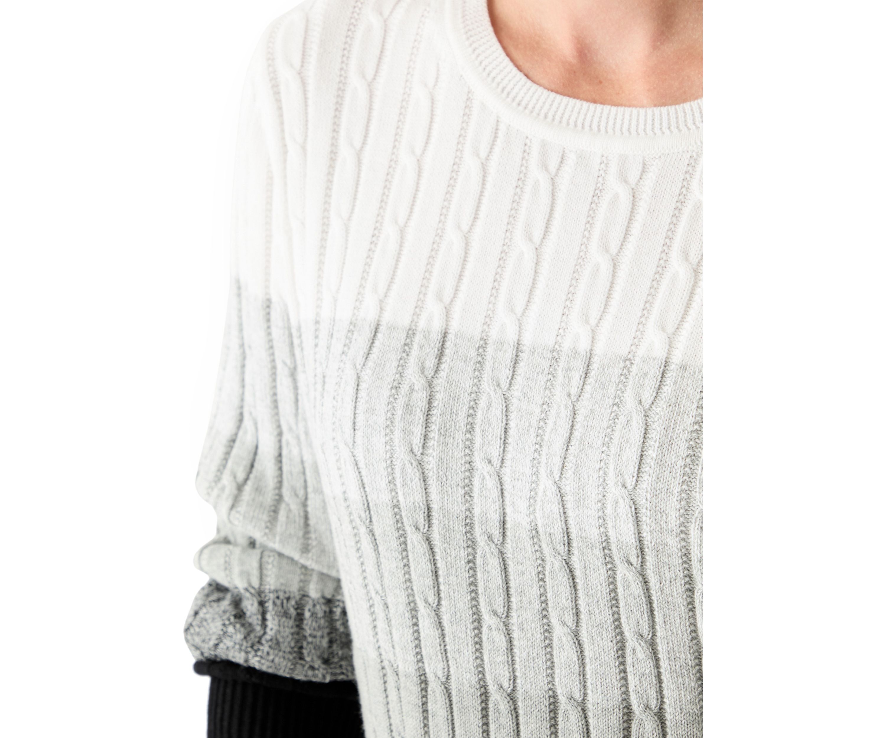 Womens Long Sleeve Cable Crew Neck Color Block Sweater