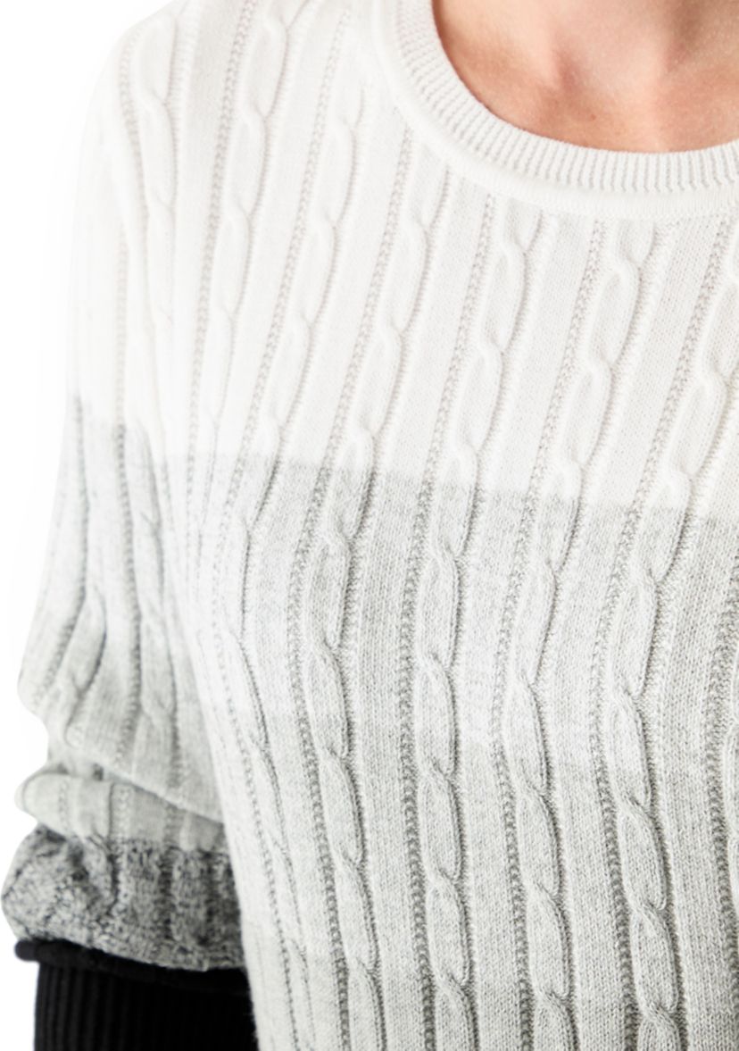 Womens Long Sleeve Cable Crew Neck Color Block Sweater
