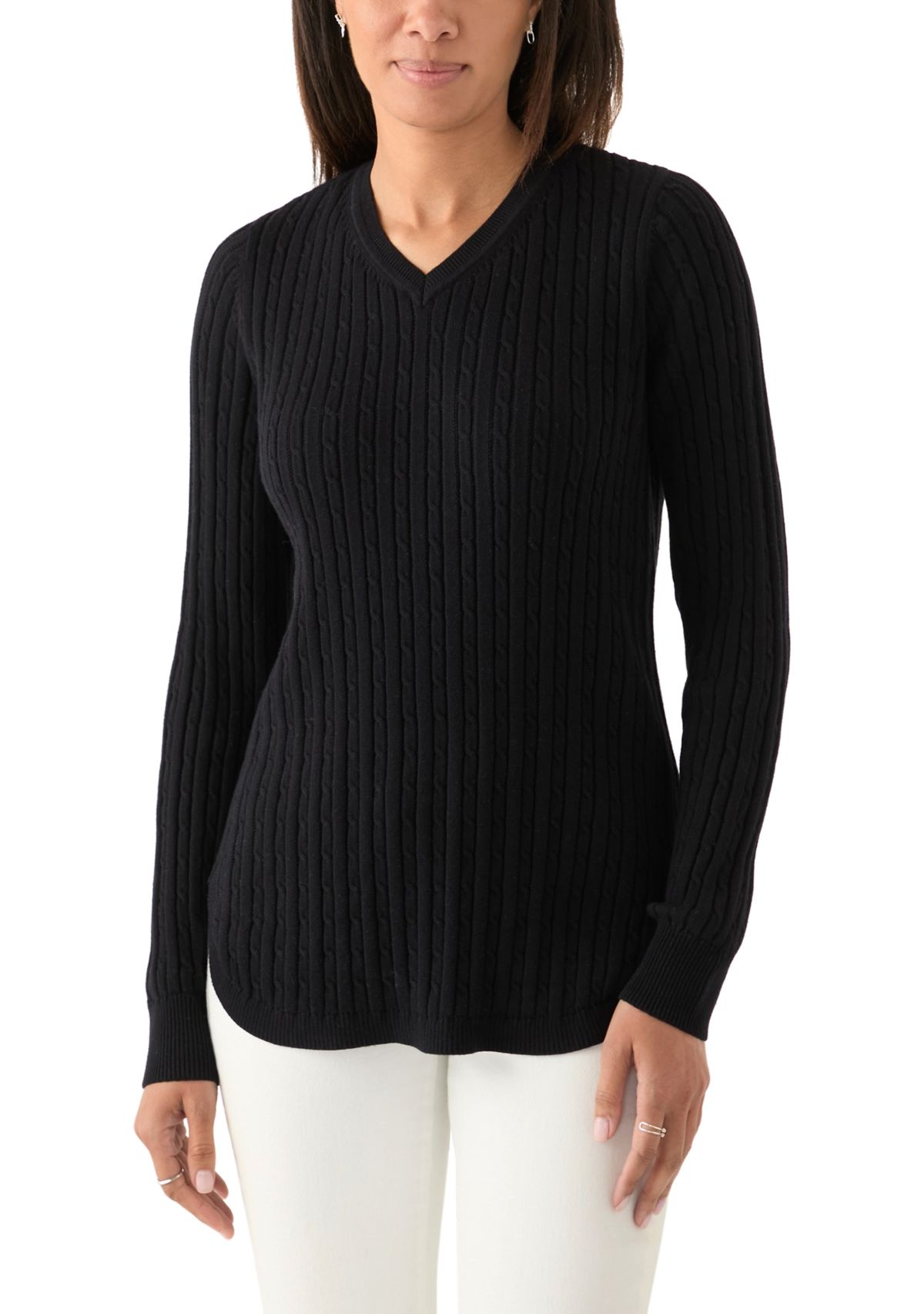 Womens V-Neck Cable Knit Sweater