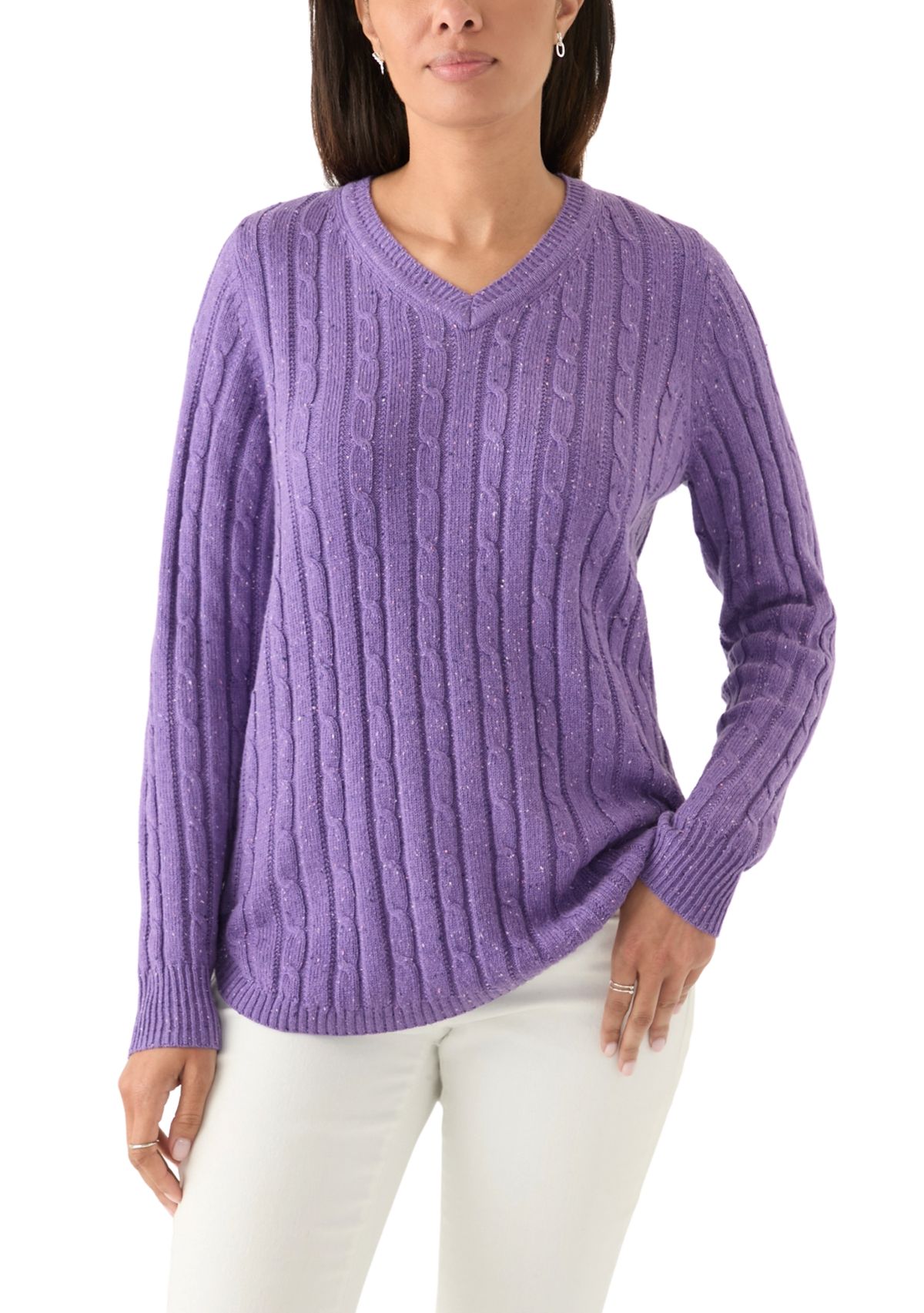 Womens Cable Knit V-Neck Sweater