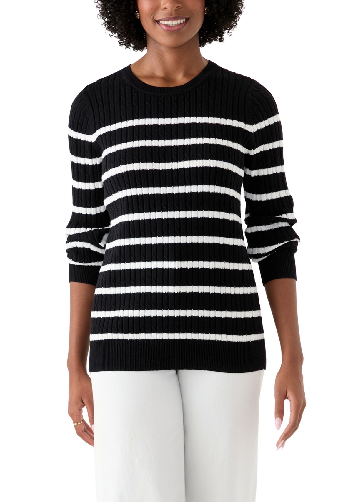 Womens Long Sleeve Cable Crew Neck Stripe Sweater