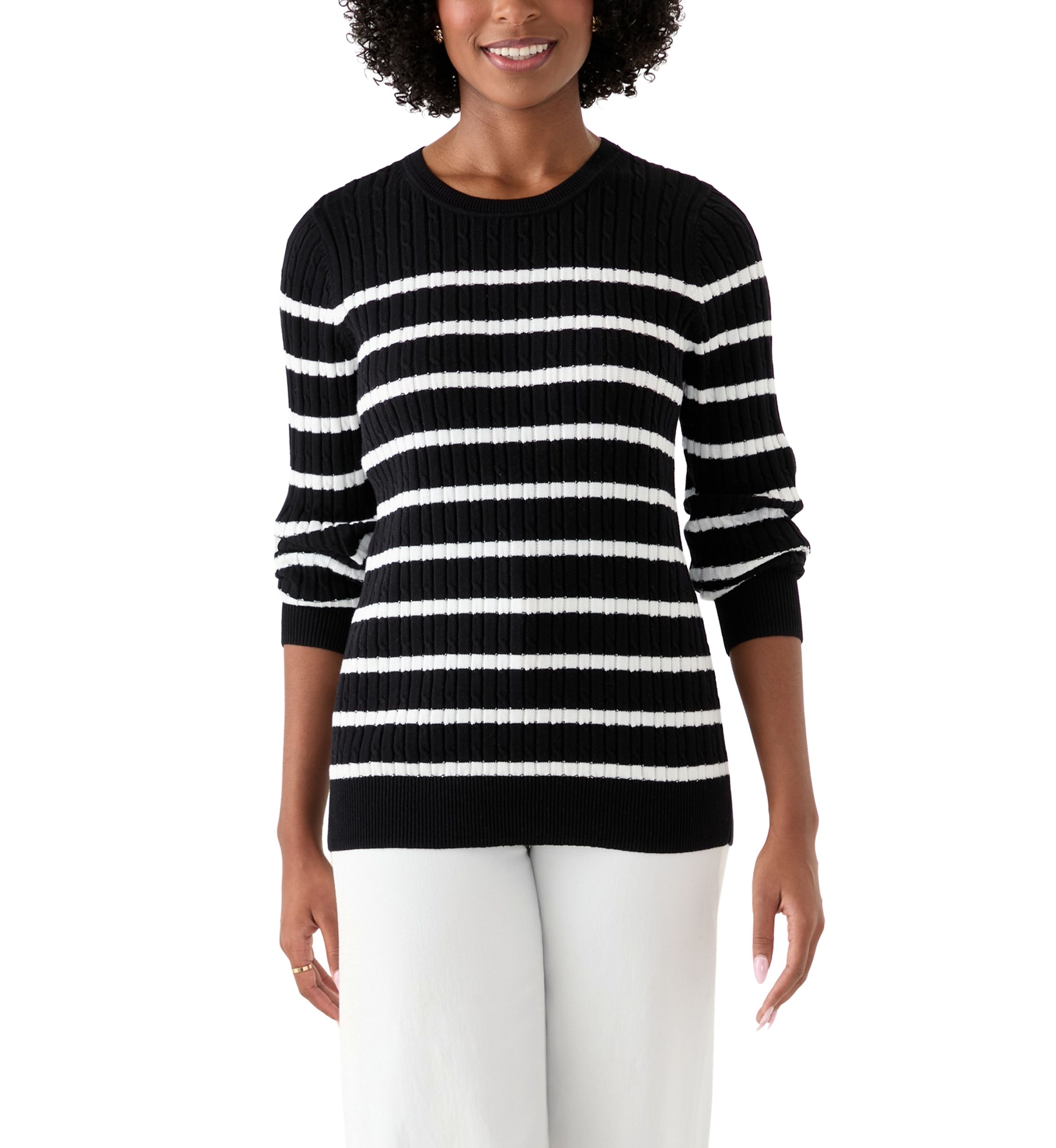 Womens Long Sleeve Cable Crew Neck Stripe Sweater