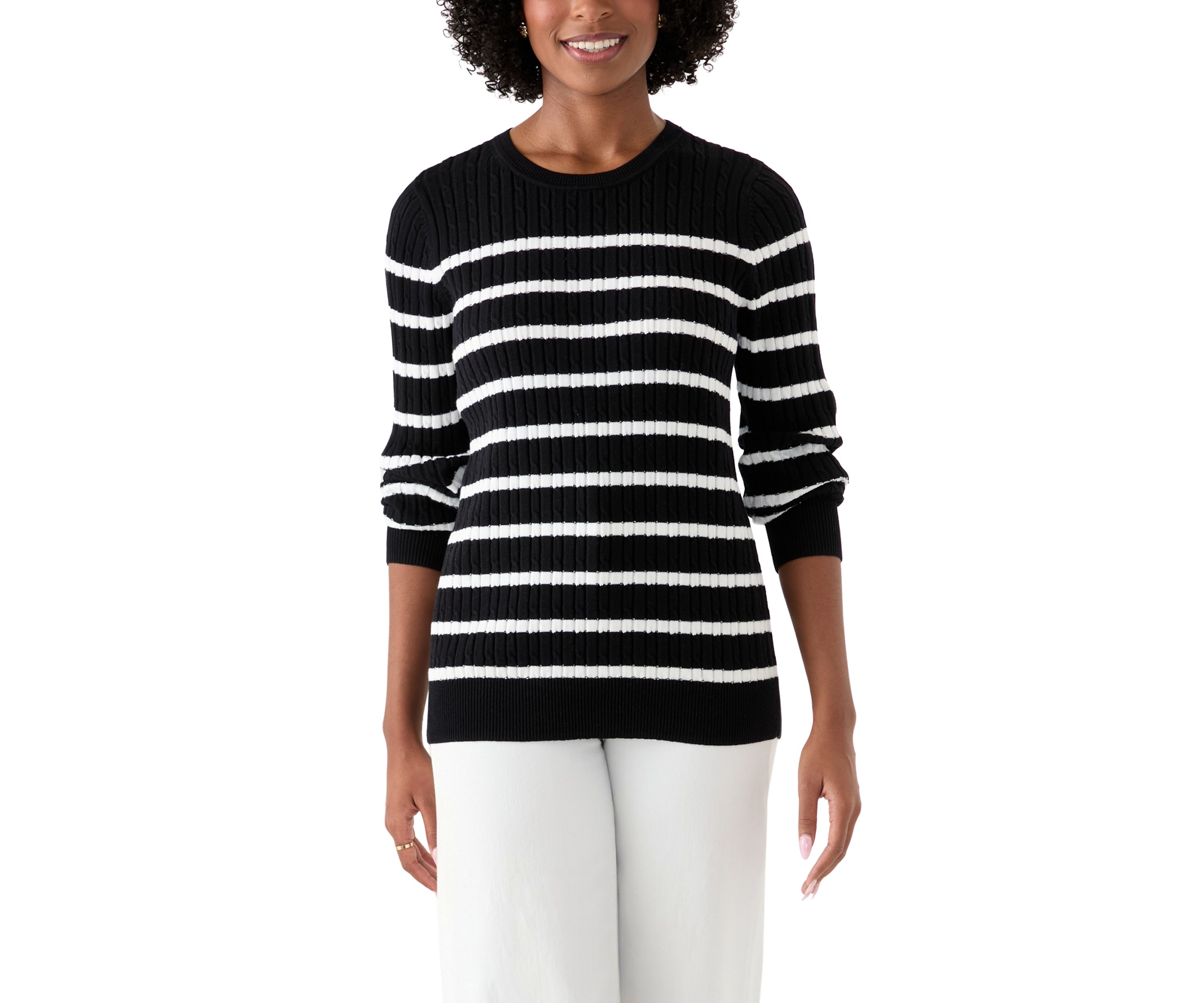 Womens Long Sleeve Cable Crew Neck Stripe Sweater