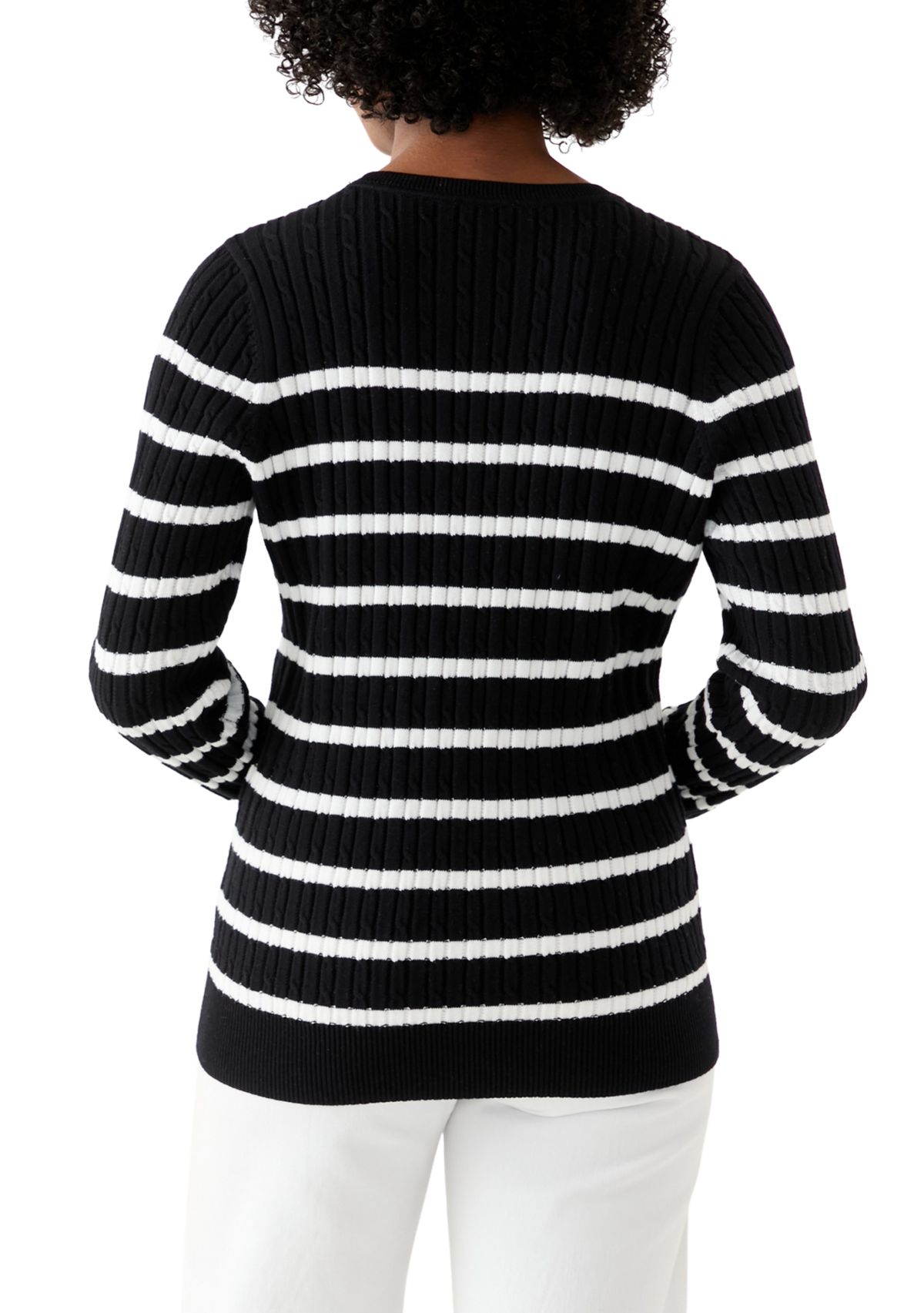 Womens Long Sleeve Cable Crew Neck Stripe Sweater