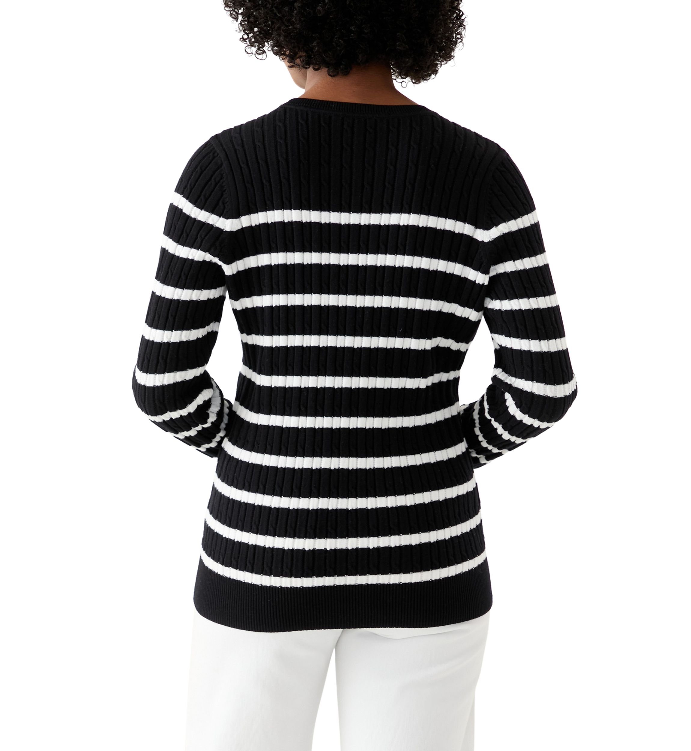 Womens Long Sleeve Cable Crew Neck Stripe Sweater