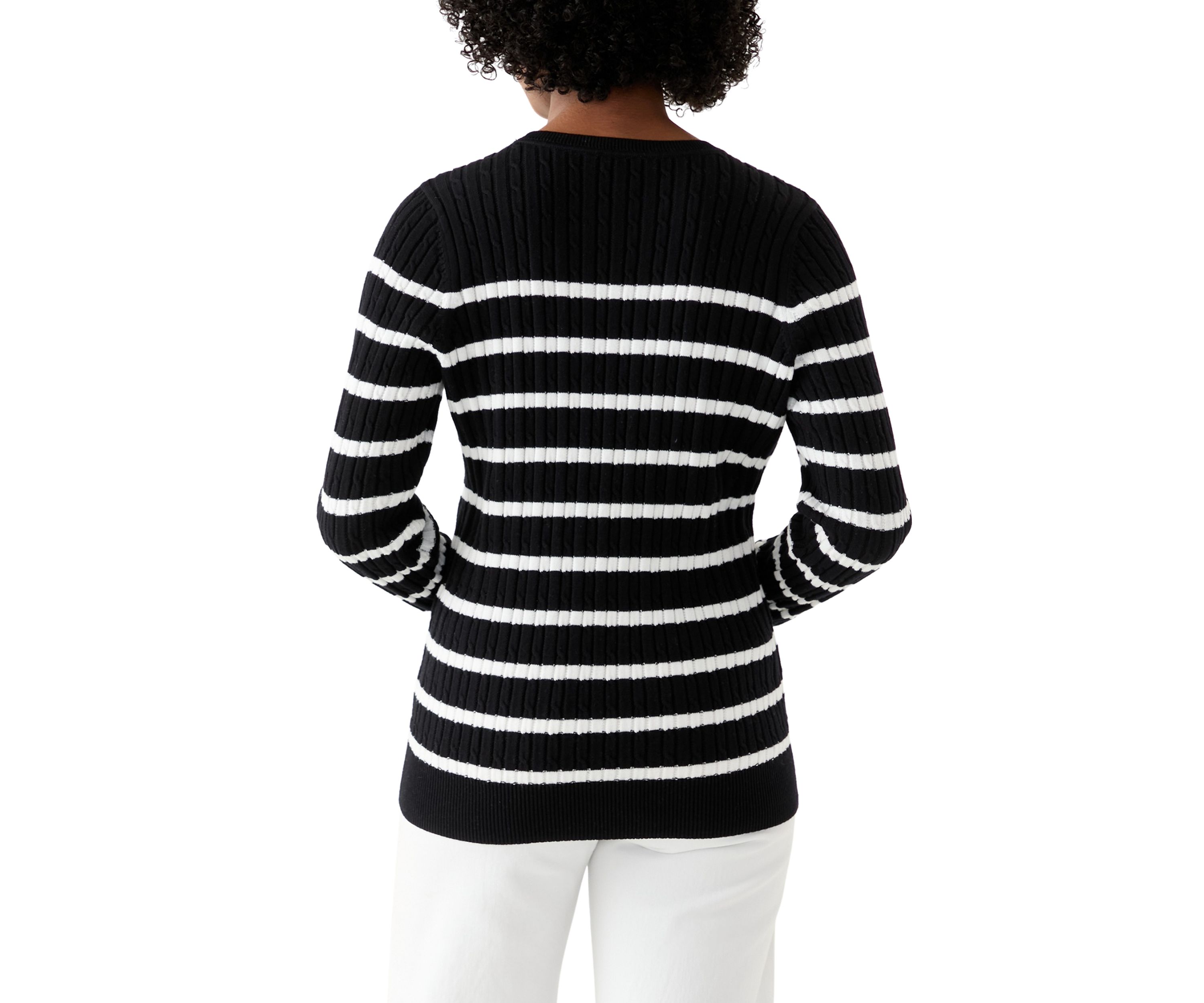 Womens Long Sleeve Cable Crew Neck Stripe Sweater