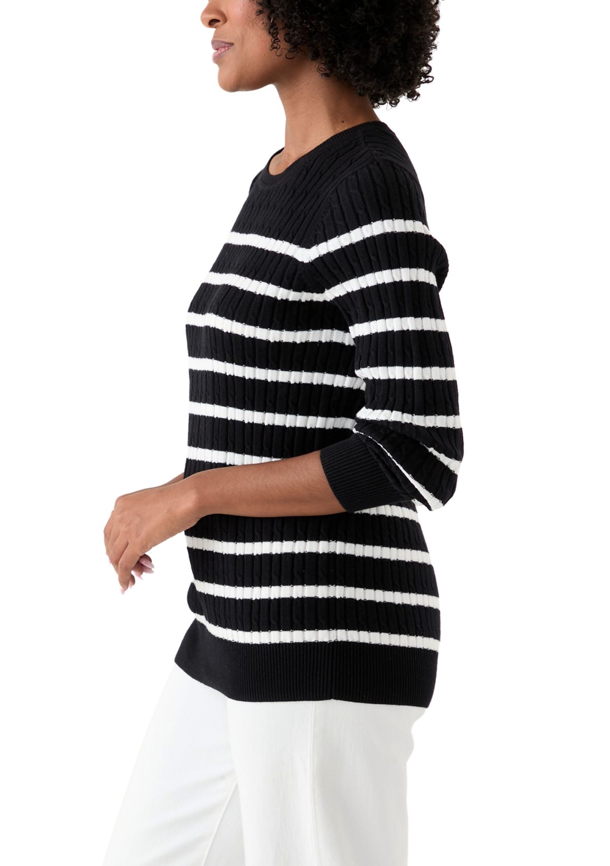 Womens Long Sleeve Cable Crew Neck Stripe Sweater