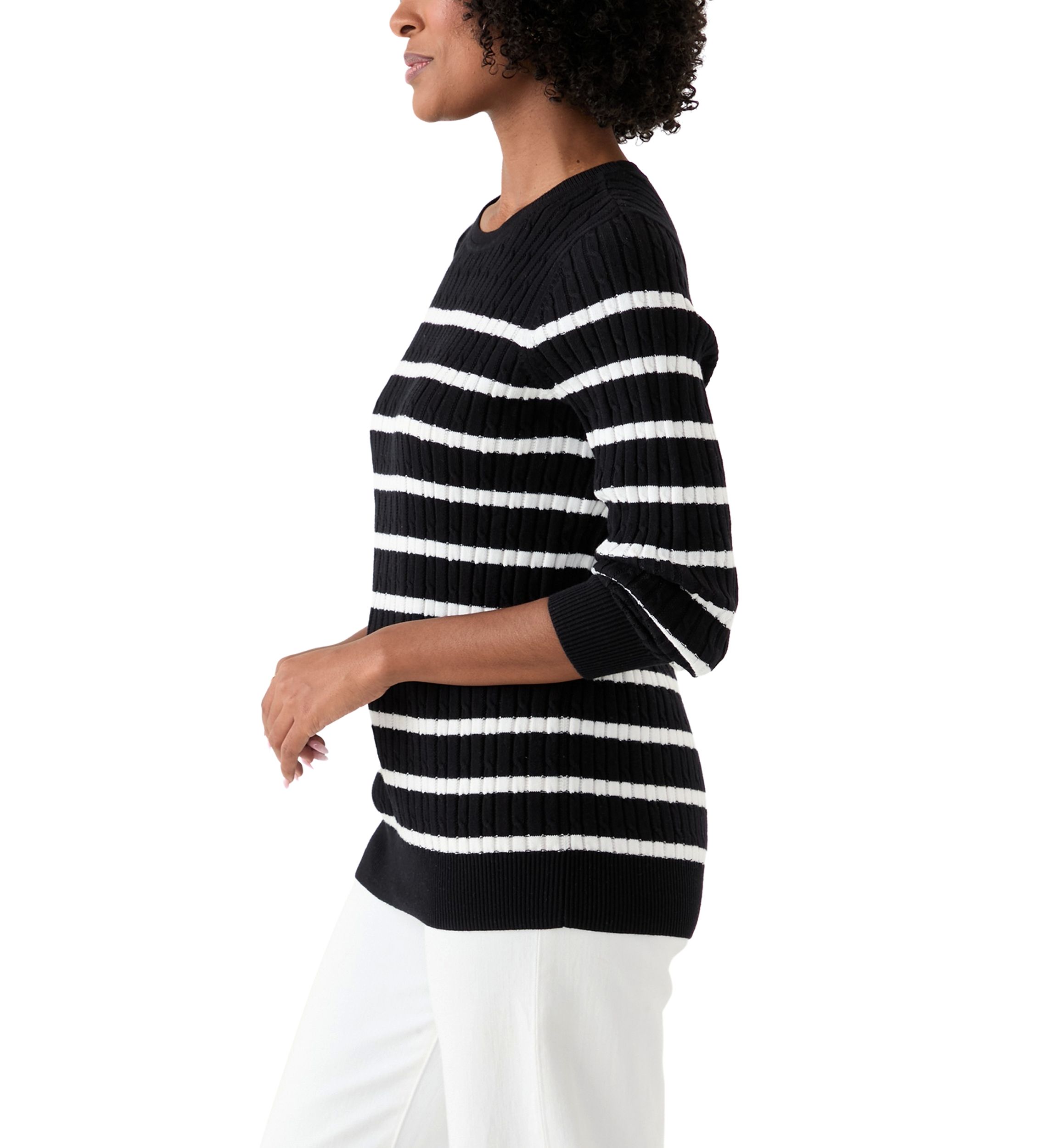 Womens Long Sleeve Cable Crew Neck Stripe Sweater