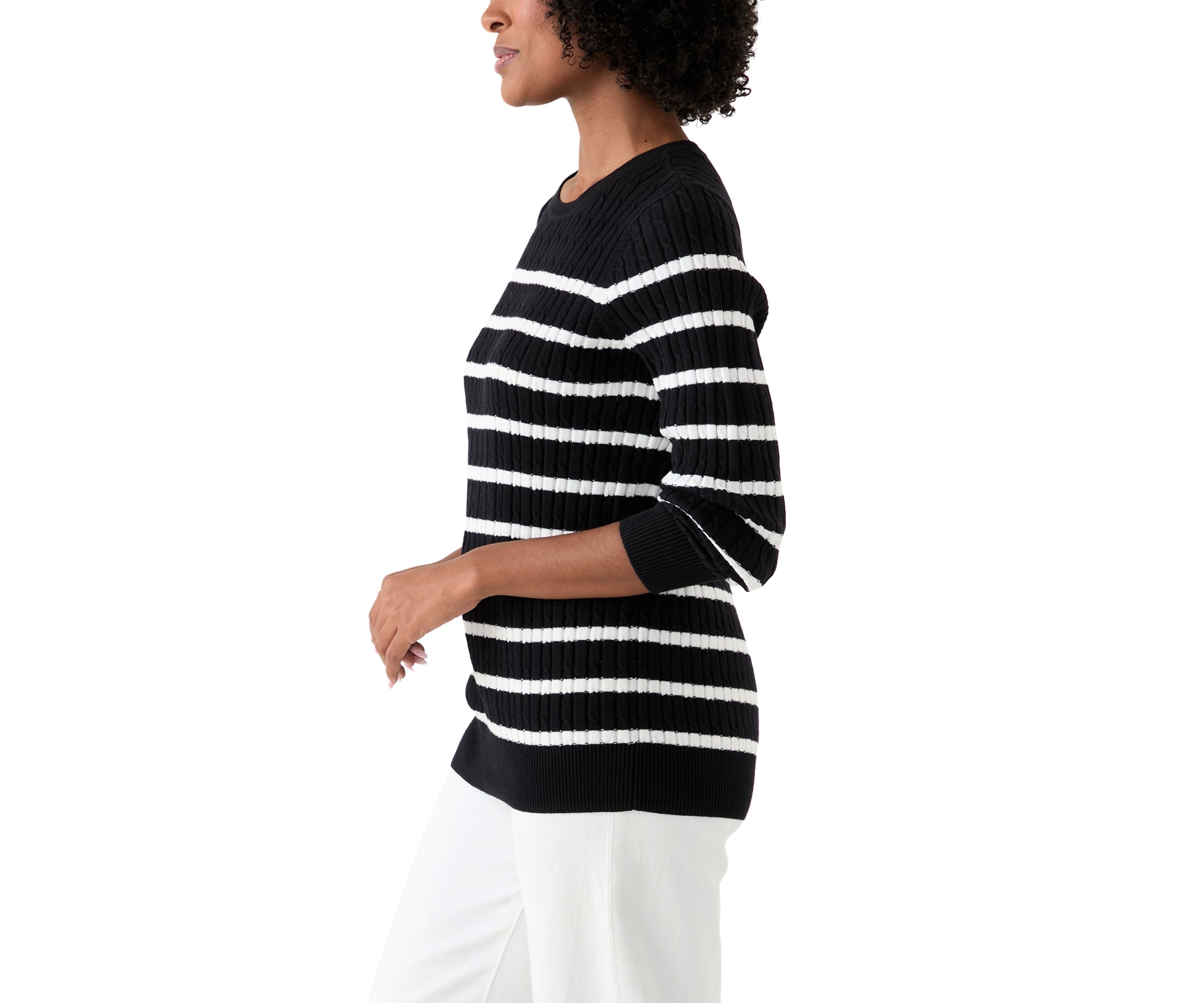 Womens Long Sleeve Cable Crew Neck Stripe Sweater