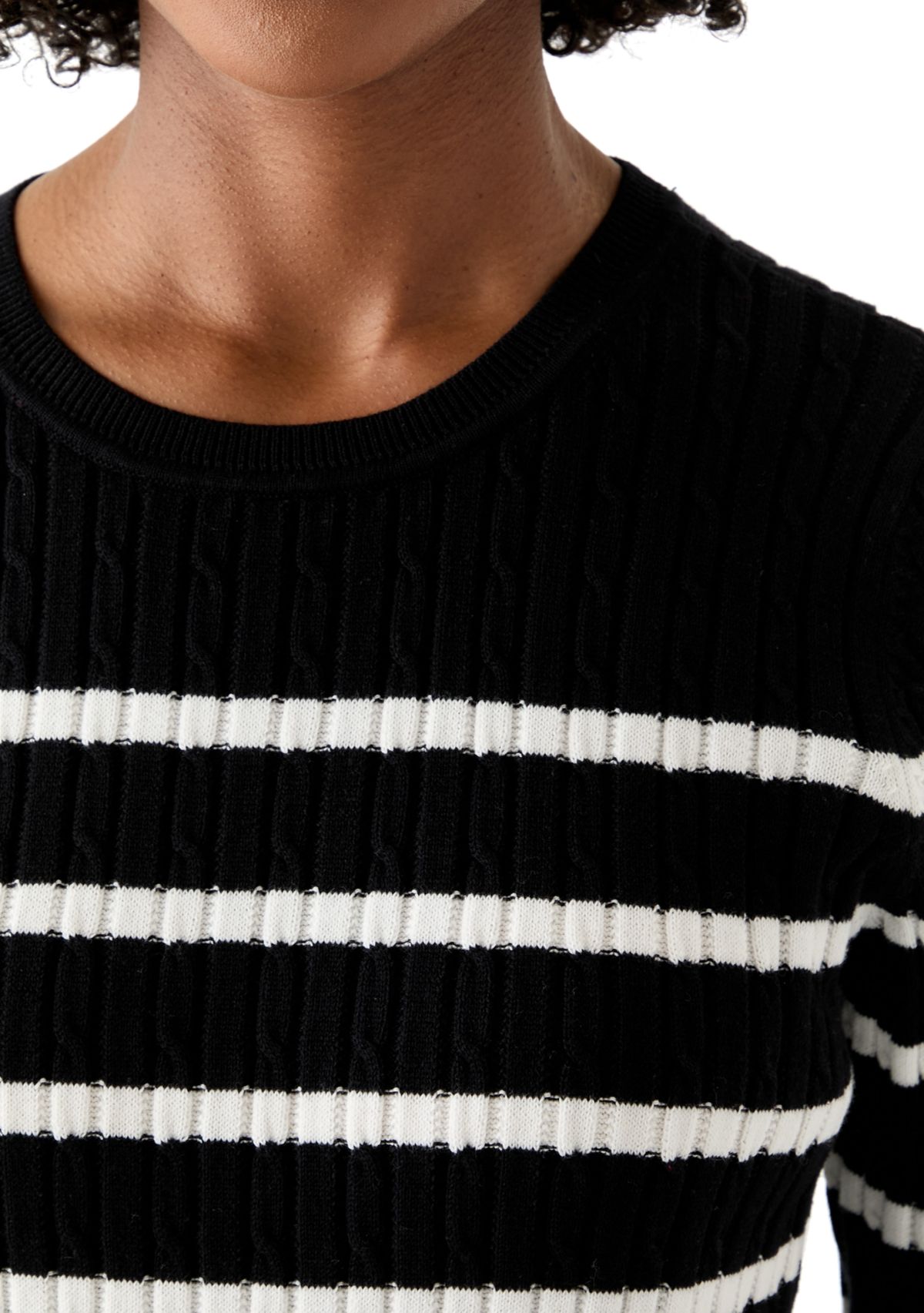 Womens Long Sleeve Cable Crew Neck Stripe Sweater