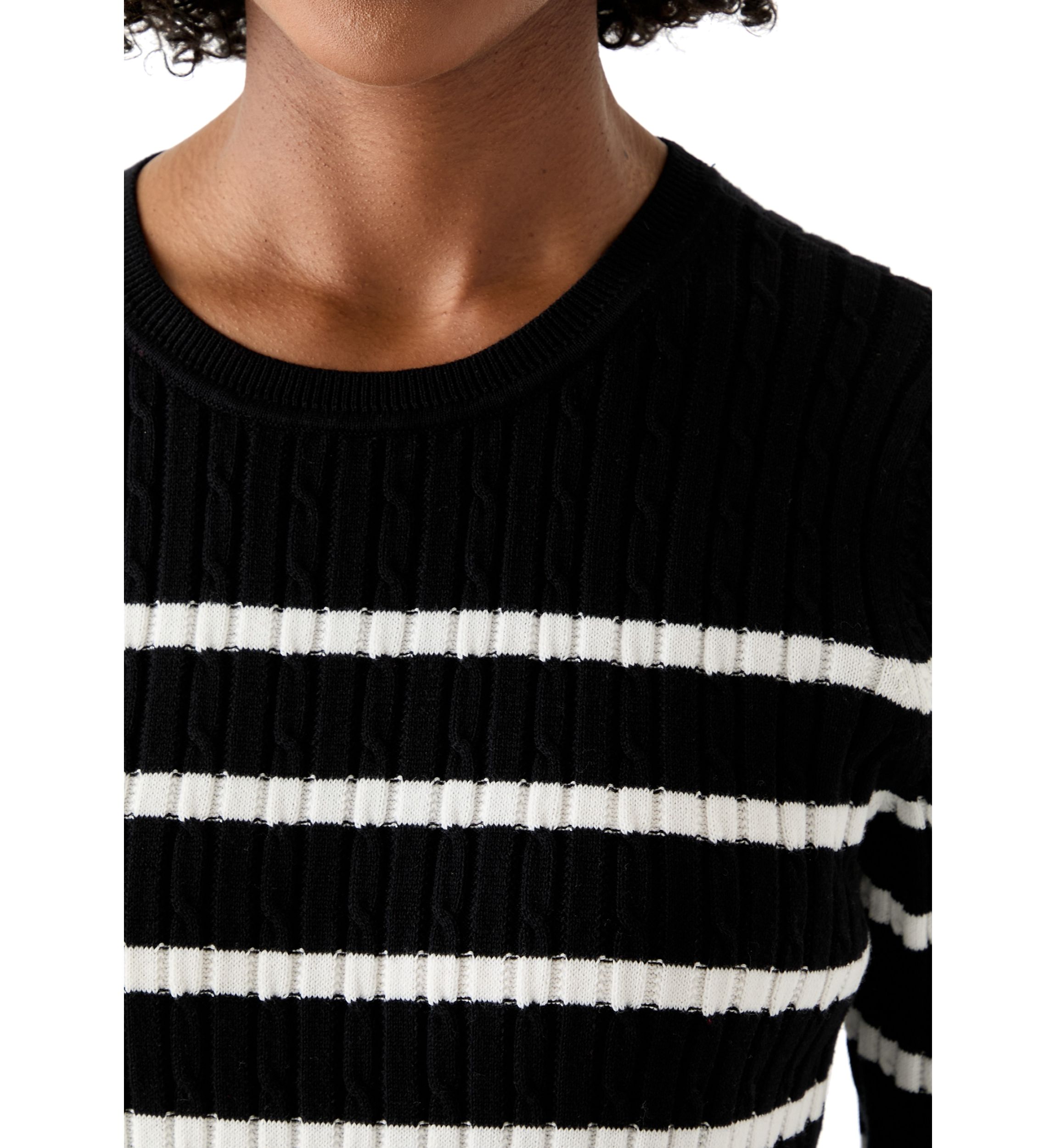 Womens Long Sleeve Cable Crew Neck Stripe Sweater