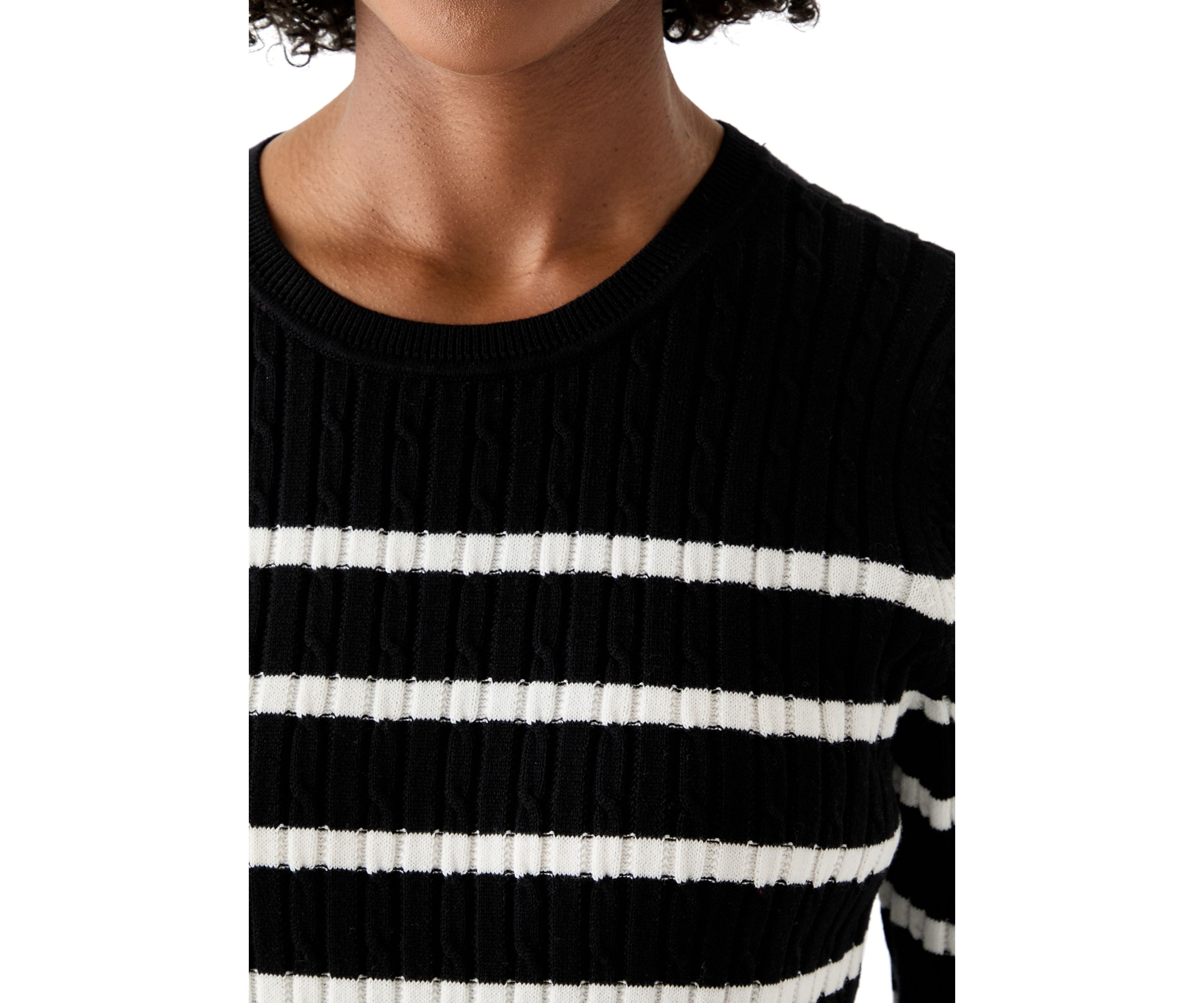 Womens Long Sleeve Cable Crew Neck Stripe Sweater