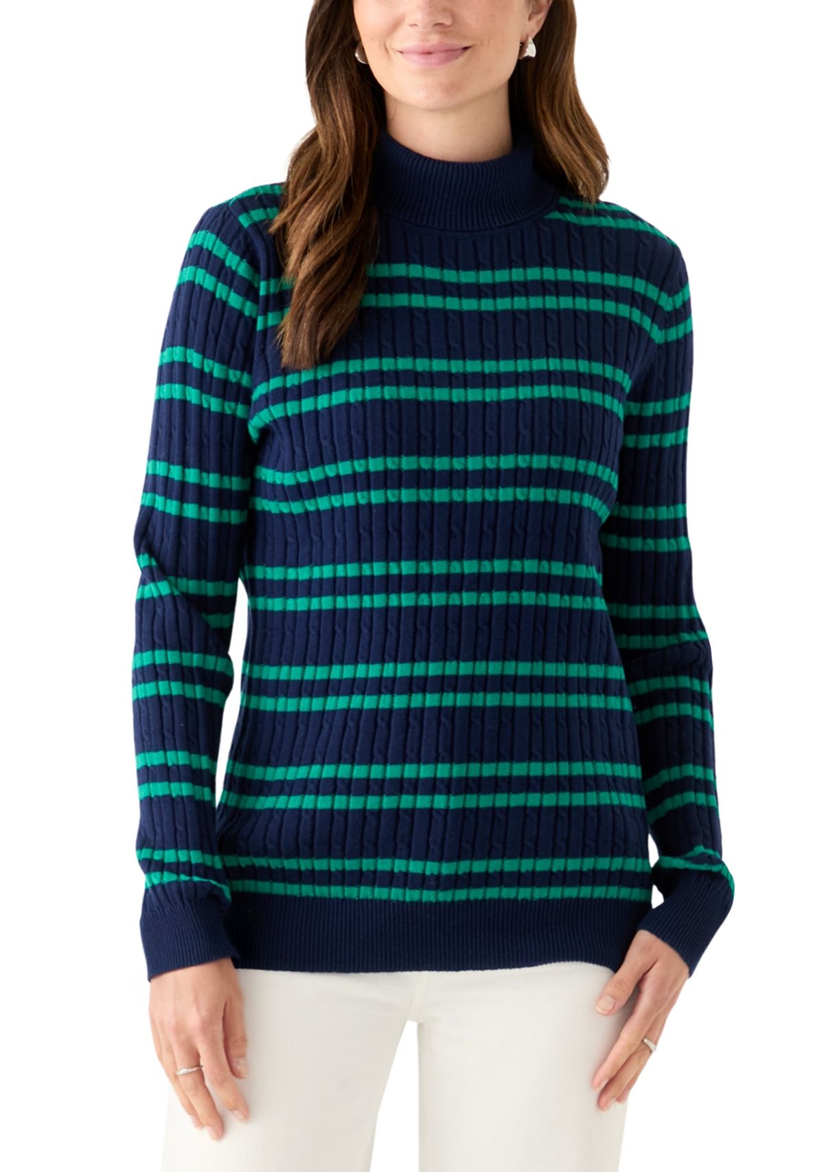 Womens Long Sleeve Cable Stripe Turtleneck Sweater