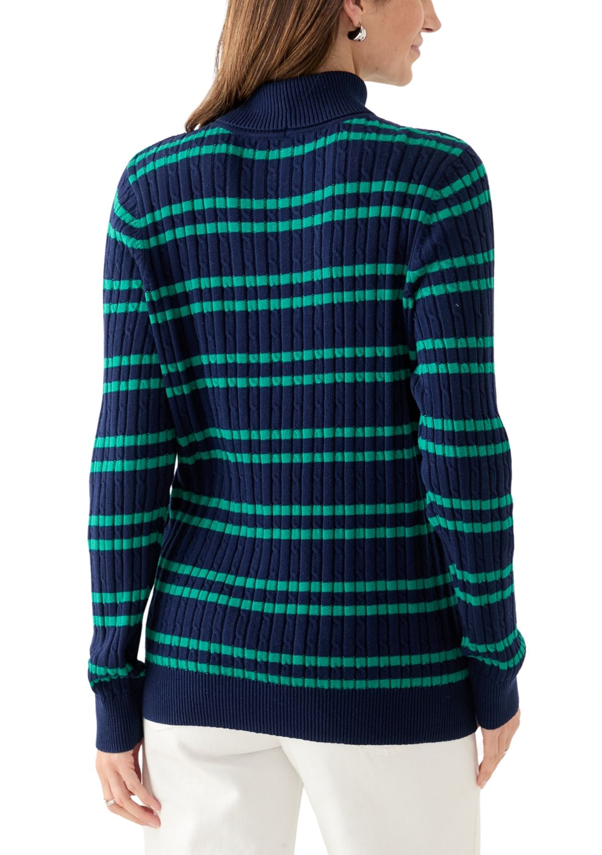 Womens Long Sleeve Cable Stripe Turtleneck Sweater