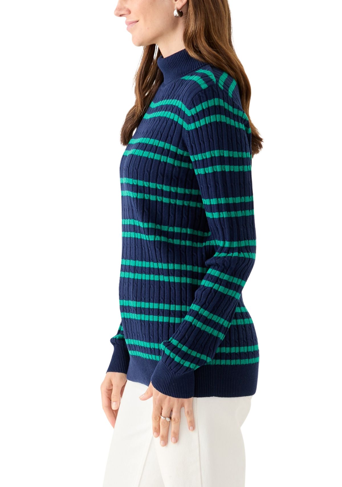 Womens Long Sleeve Cable Stripe Turtleneck Sweater