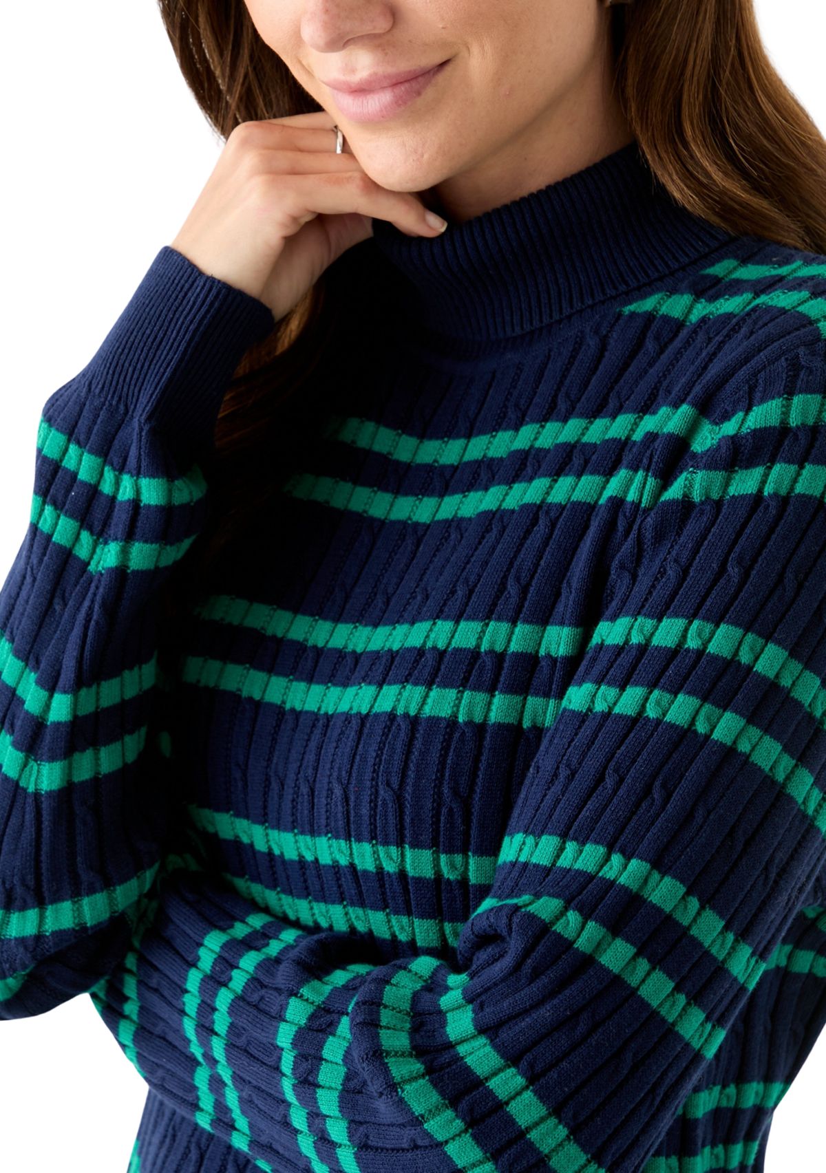 Womens Long Sleeve Cable Stripe Turtleneck Sweater