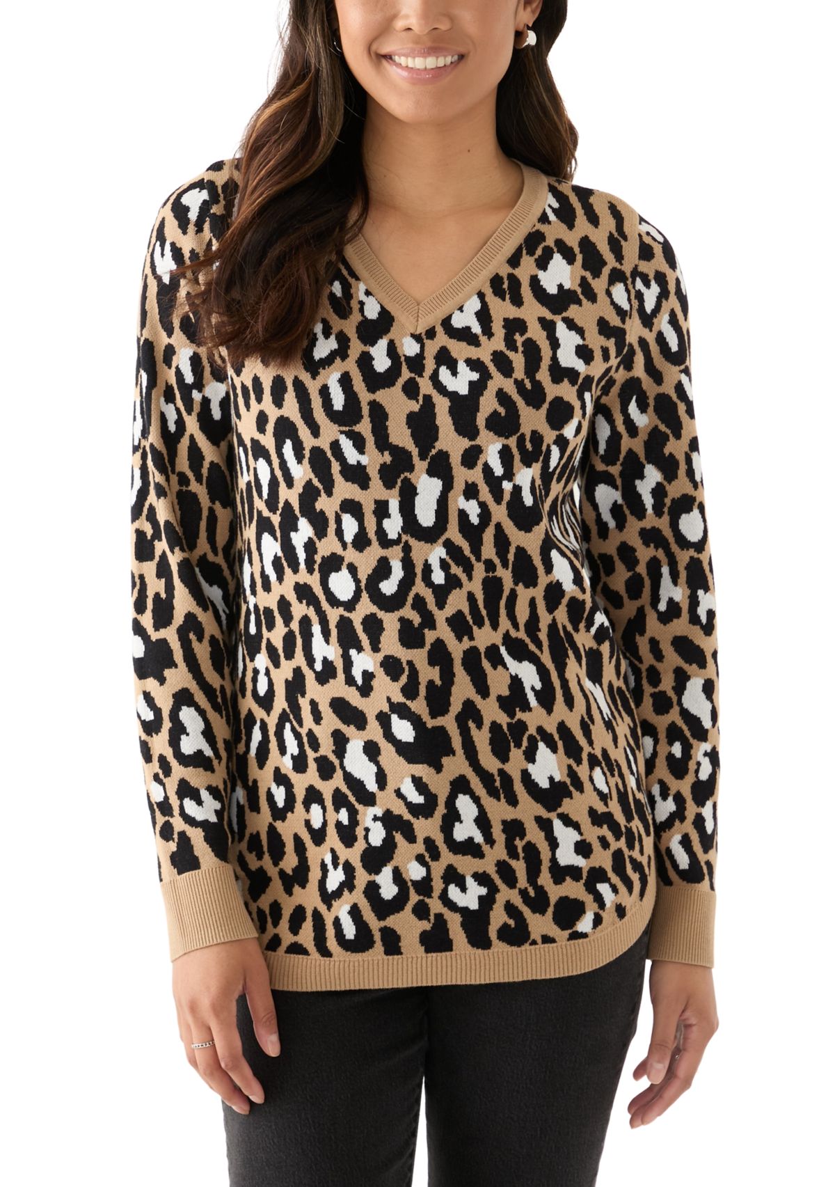 Womens Printed Cable Knit V-Neck Sweater