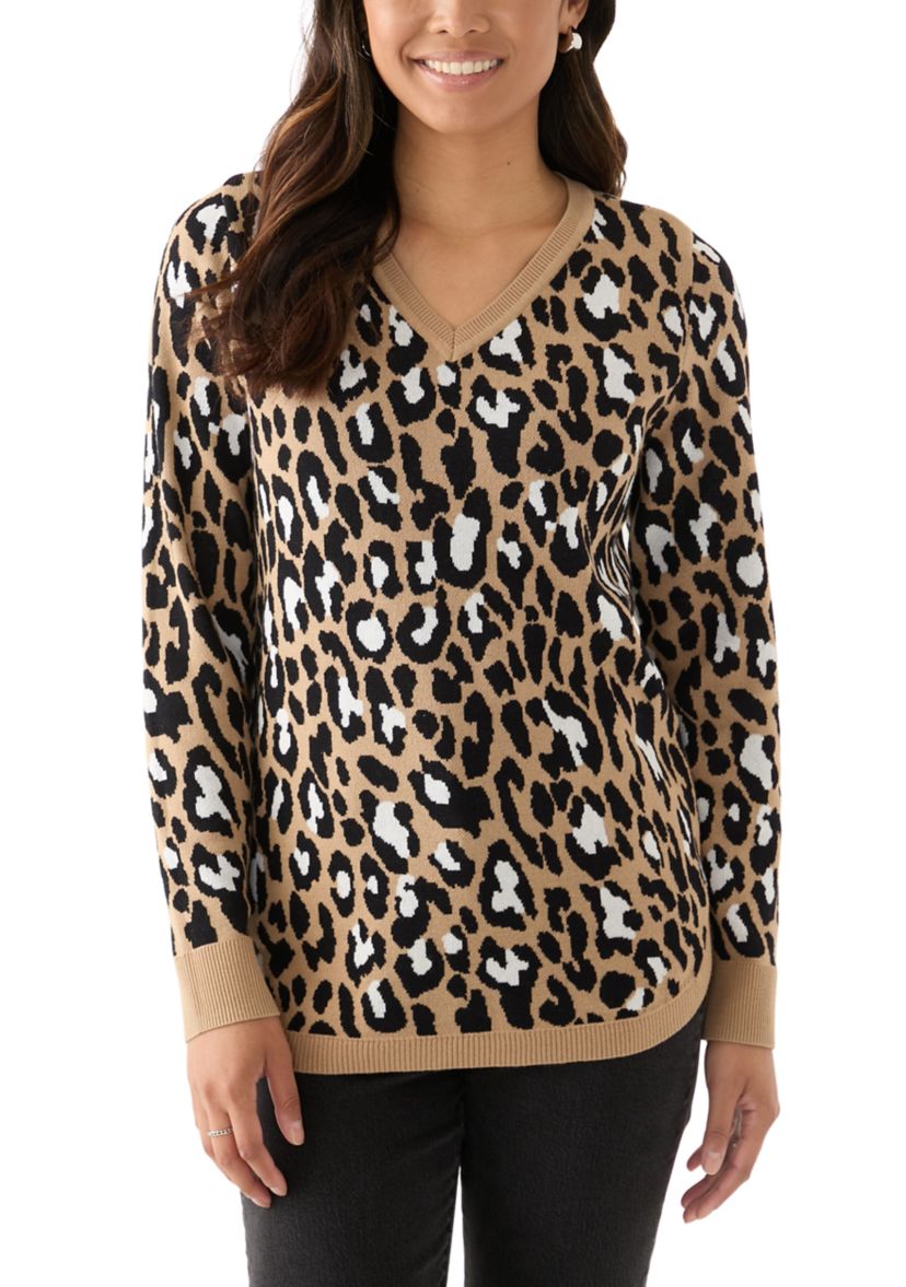 Womens Printed Cable Knit V-Neck Sweater