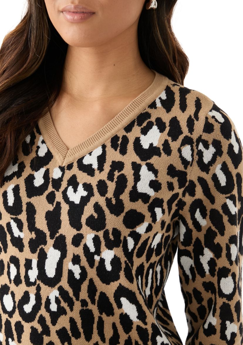 Womens Printed Cable Knit V-Neck Sweater