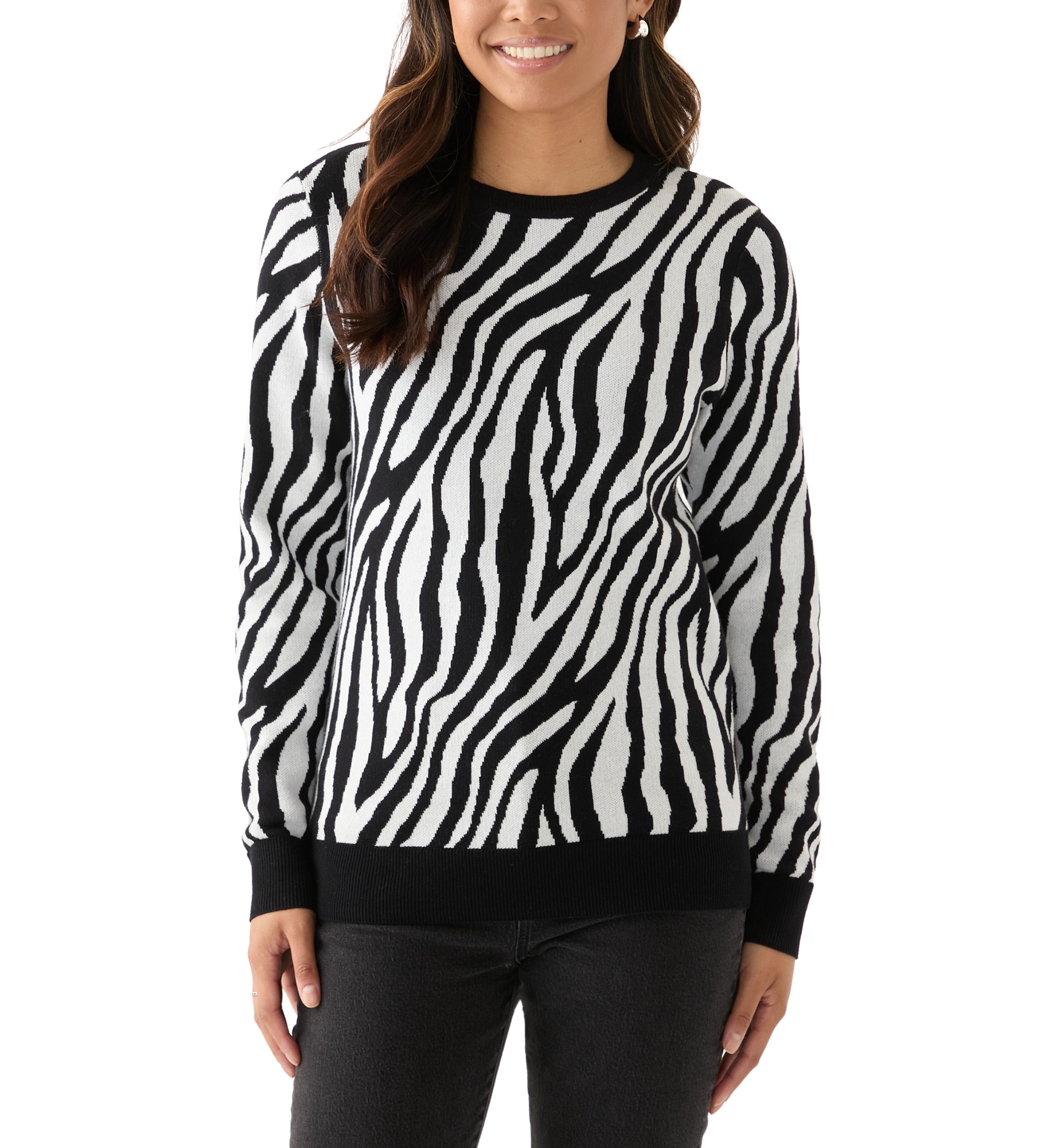 Womens Crew Neck Jacquard Knit Zebra Printed Sweater