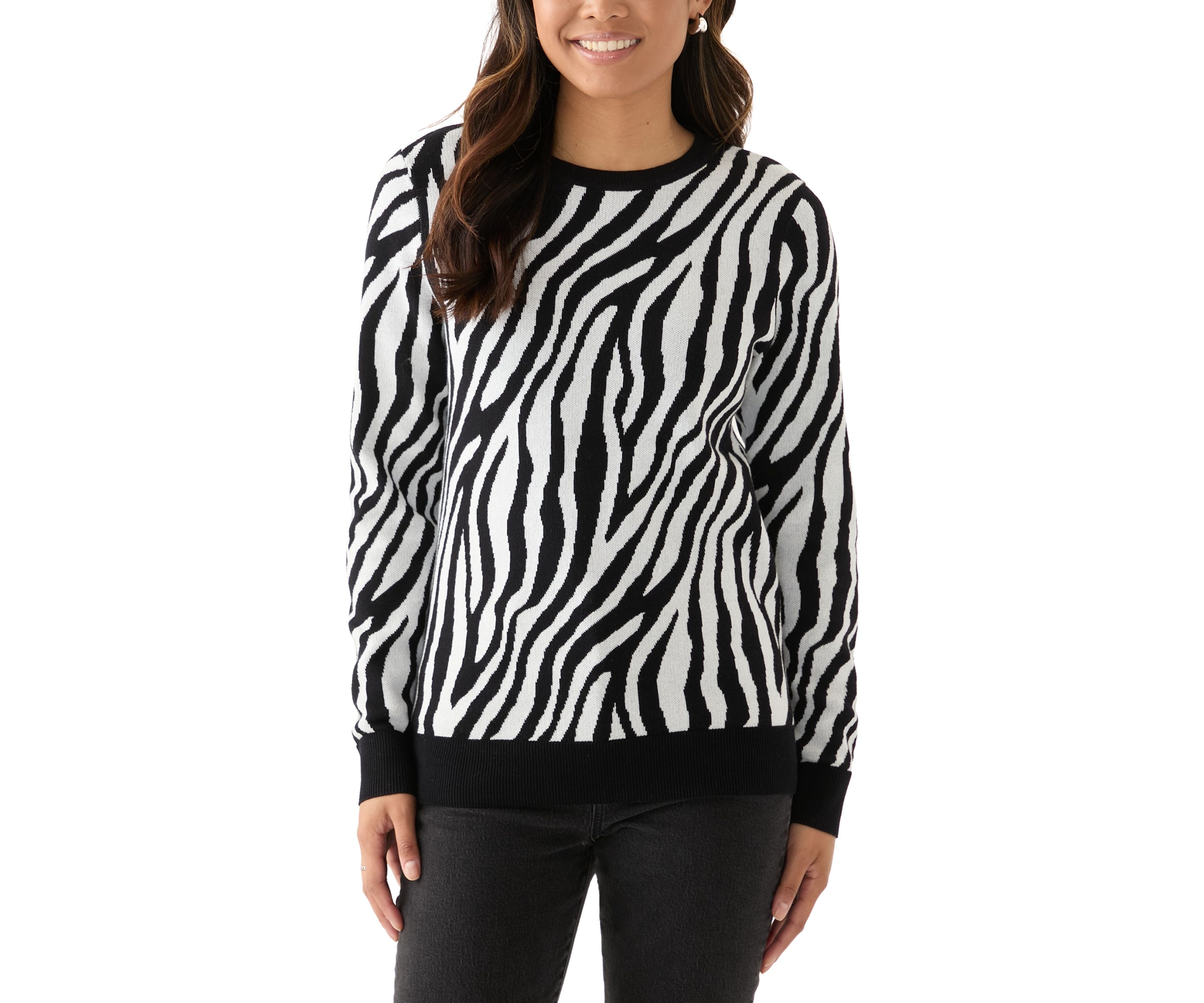 Womens Crew Neck Jacquard Knit Zebra Printed Sweater