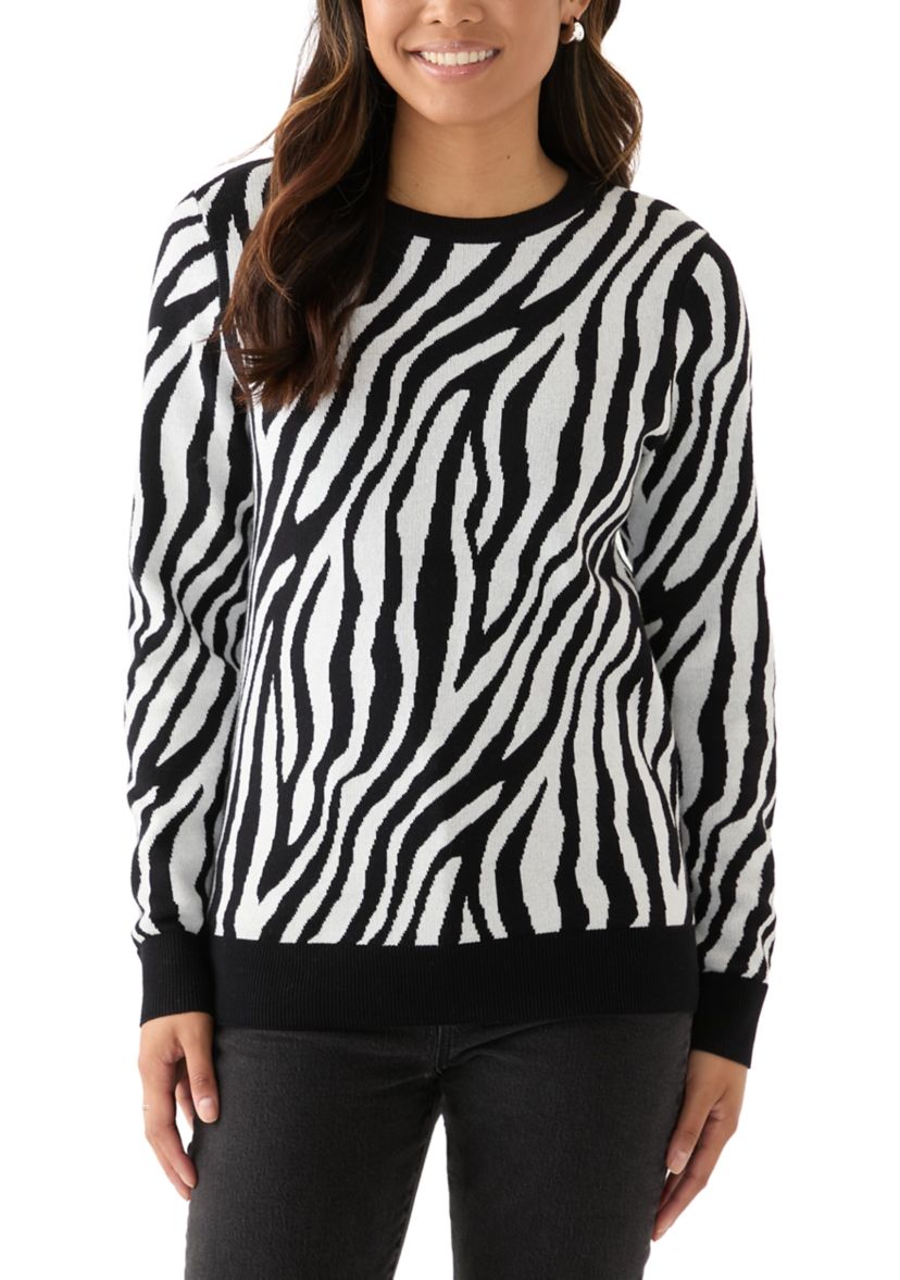 Womens Crew Neck Jacquard Knit Zebra Printed Sweater