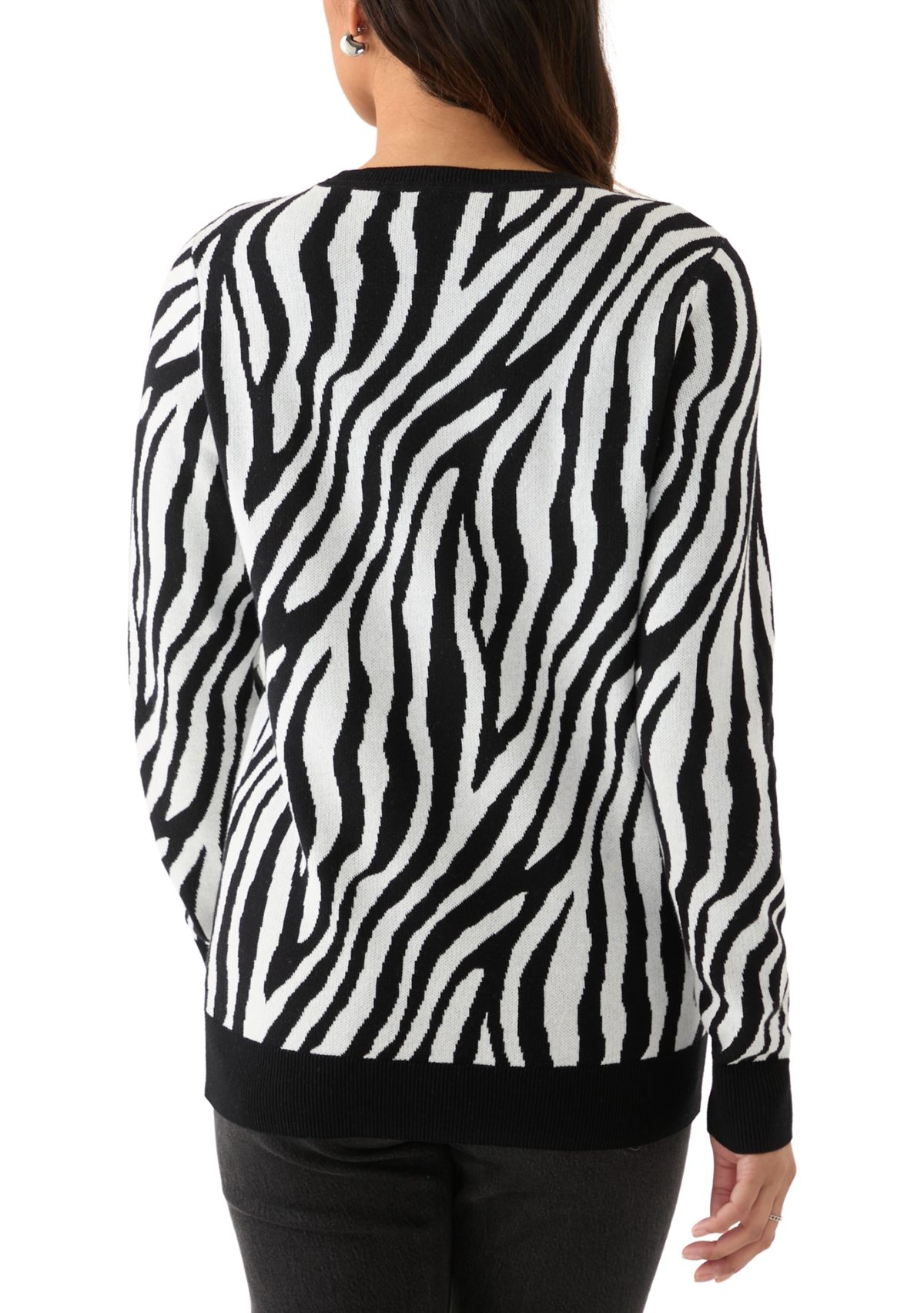 Womens Crew Neck Jacquard Knit Zebra Printed Sweater